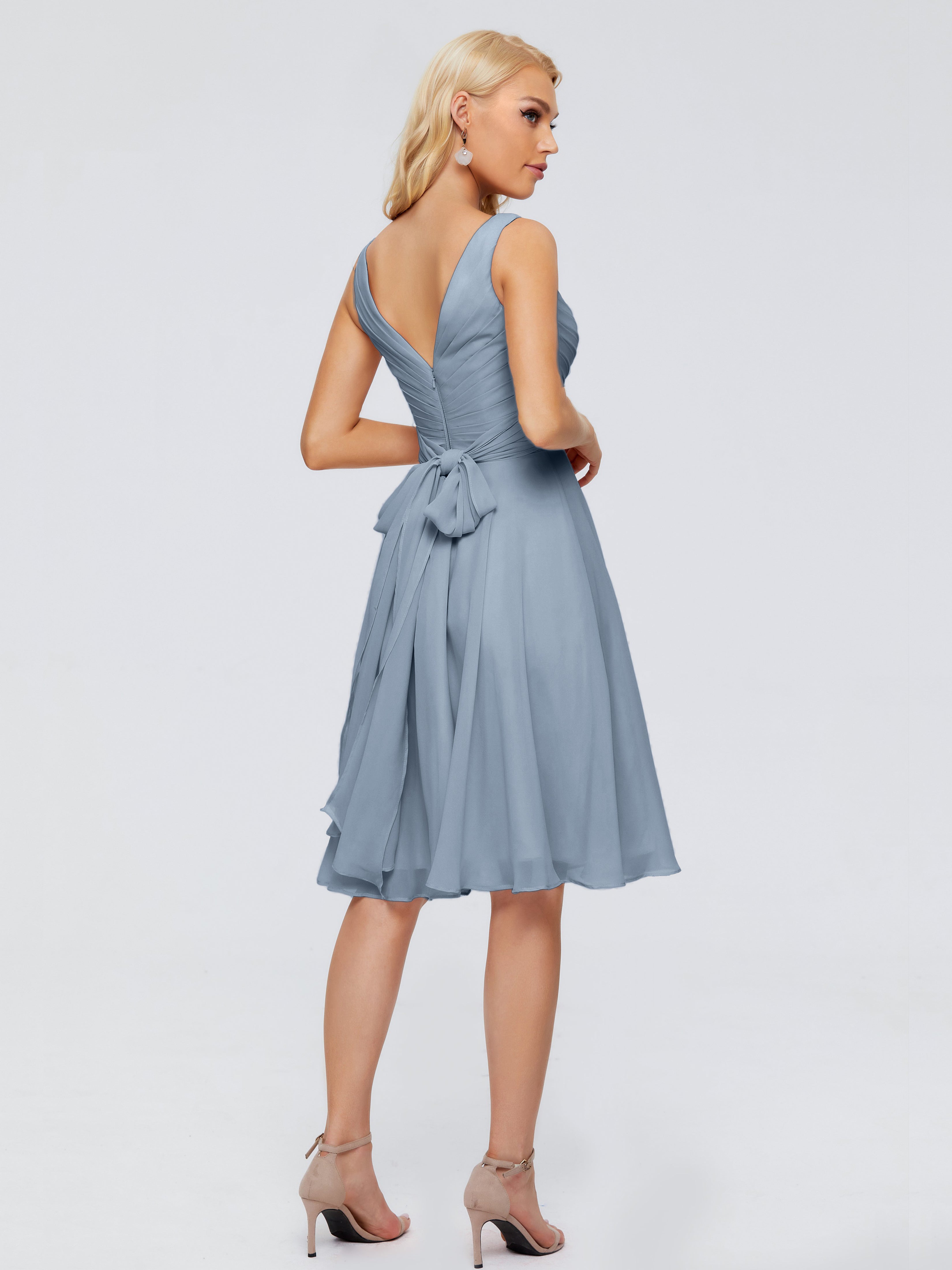 Robes De Demoiselle D'Honneur Bleu Poudre Col V Longueur Genou Mousseline Robes Demoiselle D'Honneur
