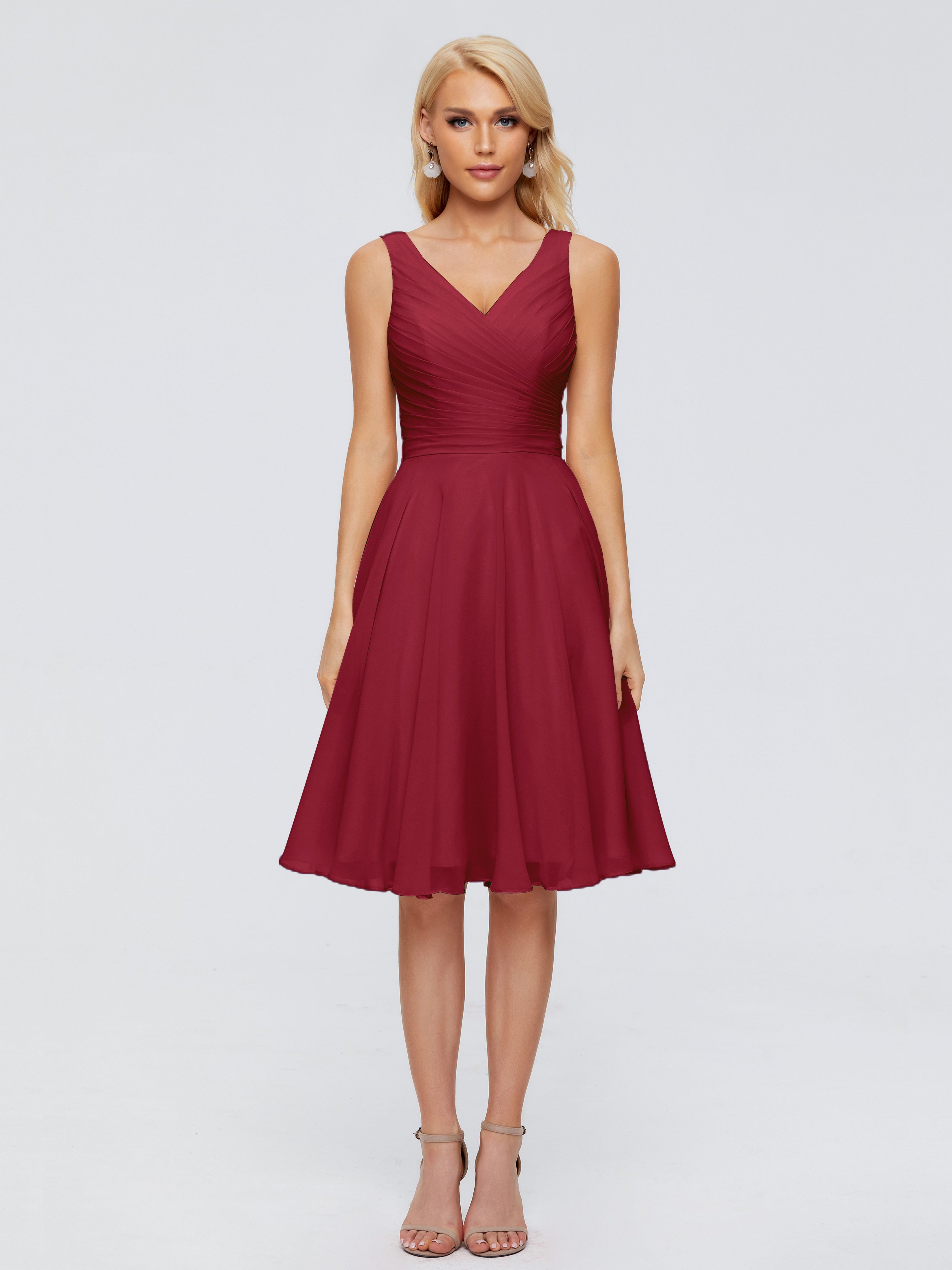 Modestes Robes De Demoiselle D'Honneur Bordeaux Col V Longueur Genou Mousseline Robes Demoiselle D'Honneur