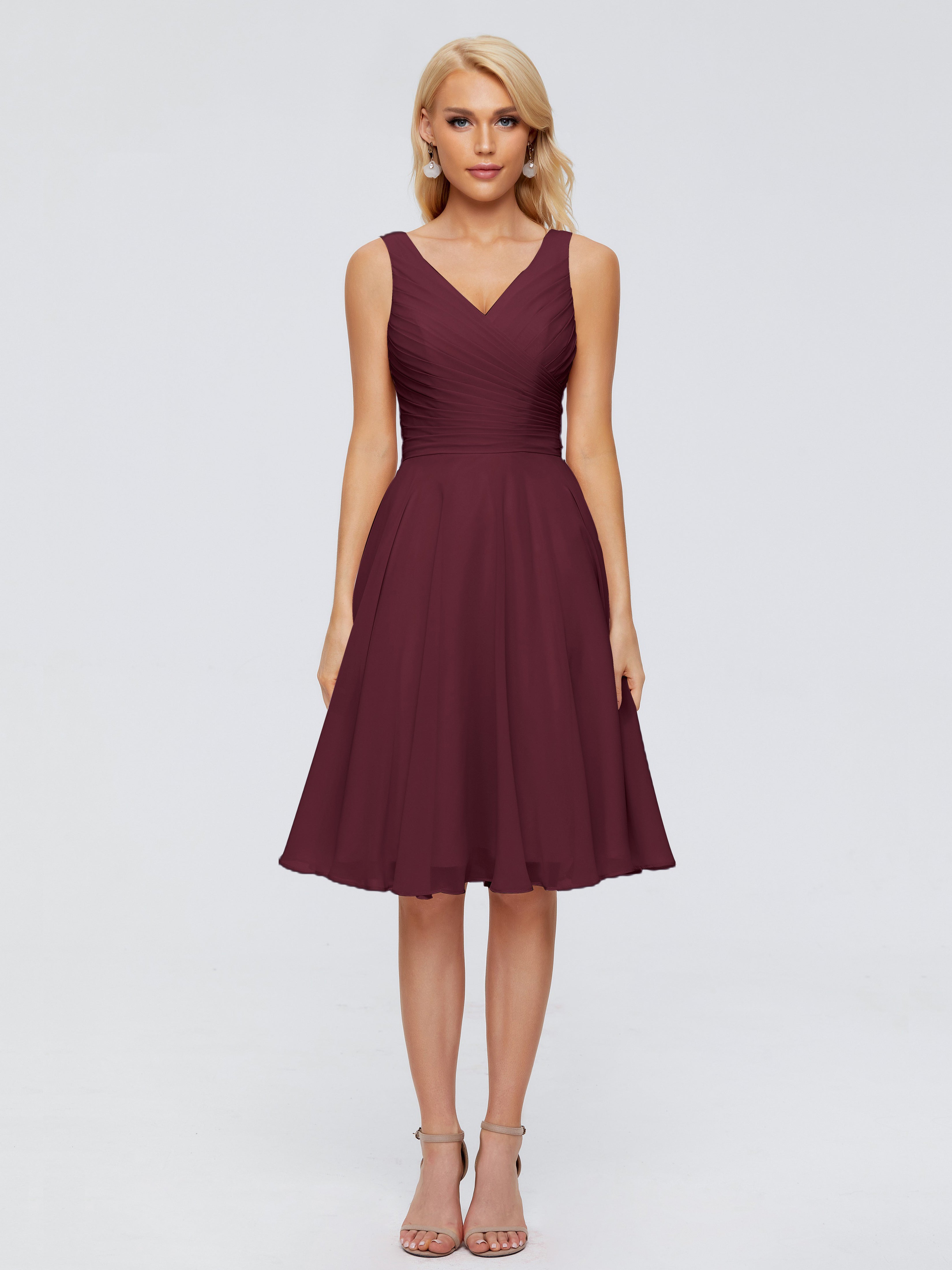 Robes De Demoiselle D'Honneur Cabernet Col V Longueur Genou Mousseline Robes Demoiselle D'Honneur