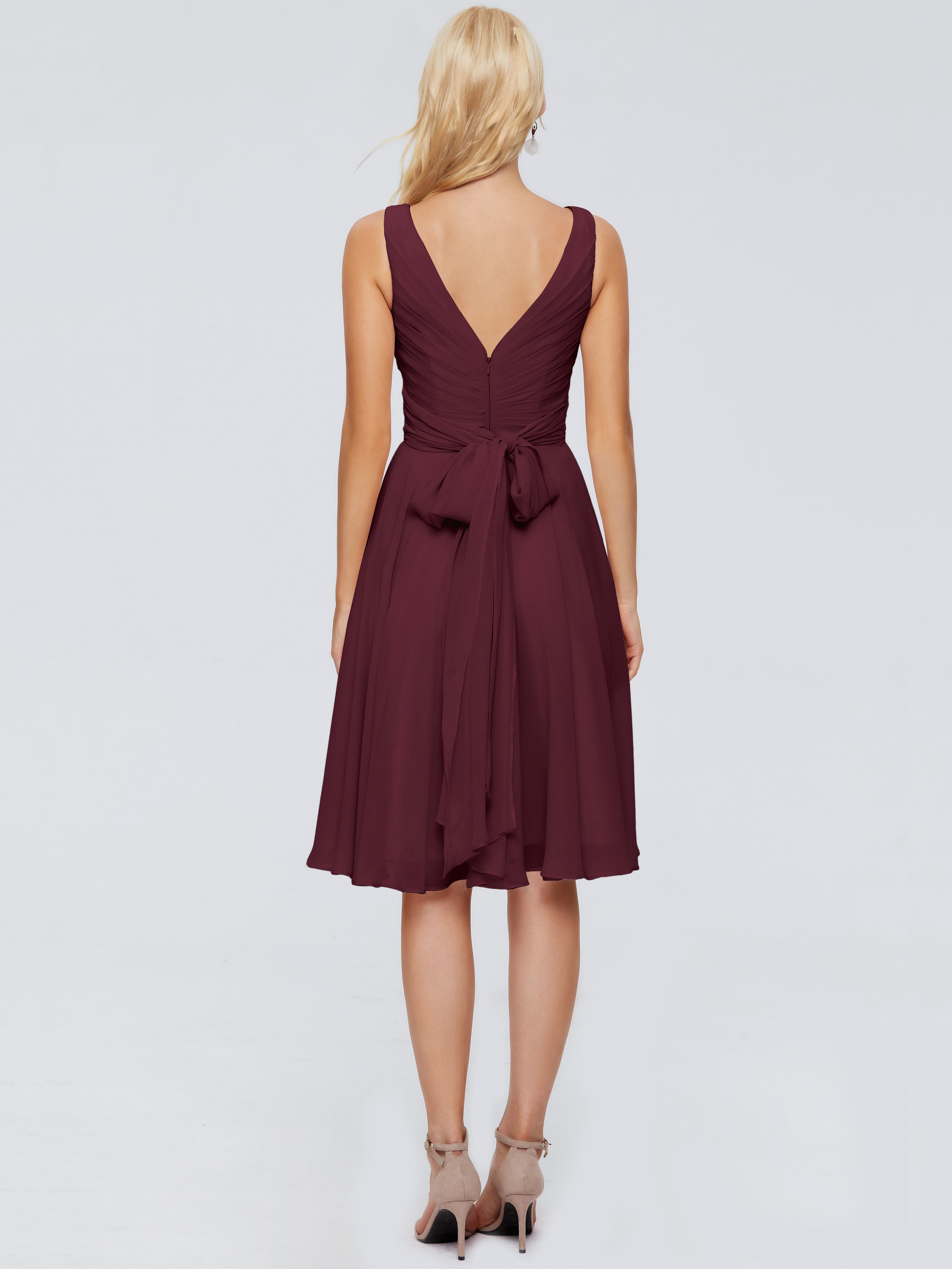 Robes De Demoiselle D'Honneur Cabernet Col V Longueur Genou Mousseline Robes Demoiselle D'Honneur