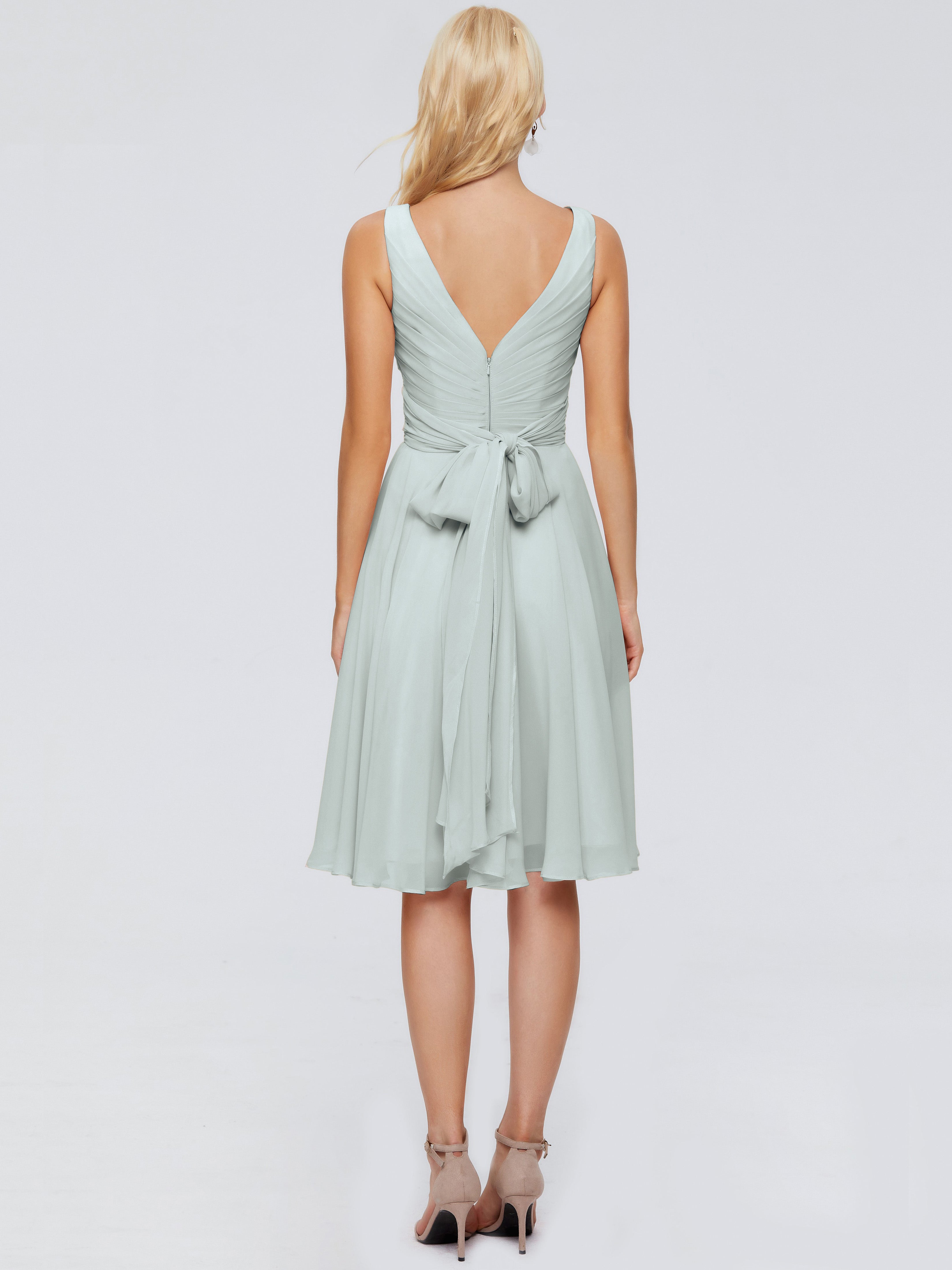 Robes De Demoiselle D'Honneur Celadon Col V Longueur Genou Mousseline Robes Demoiselle D'Honneur