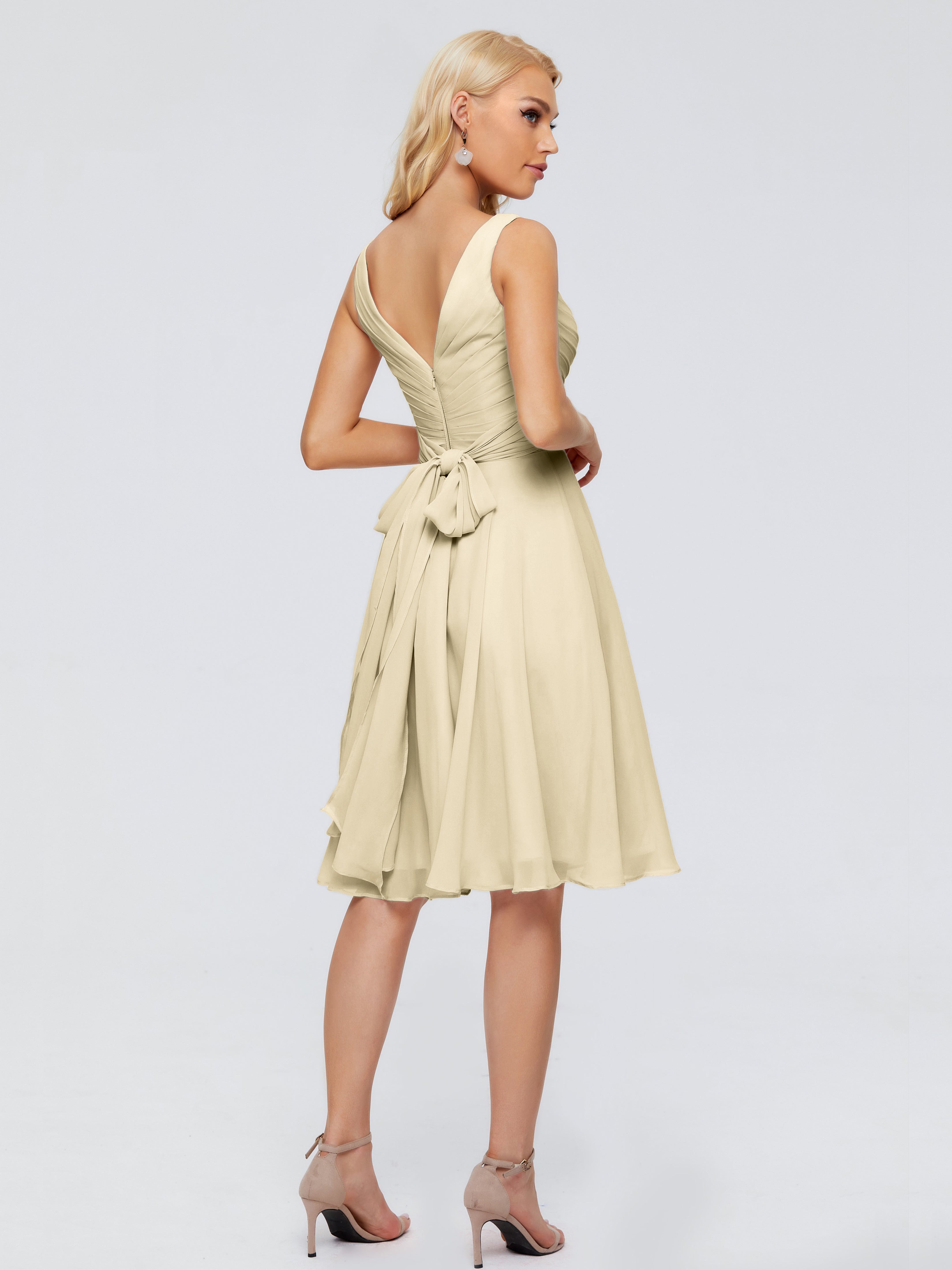 Robes De Demoiselle D'Honneur Couleur Champagne Col V Longueur Genou Mousseline Robes Demoiselle D'Honneur