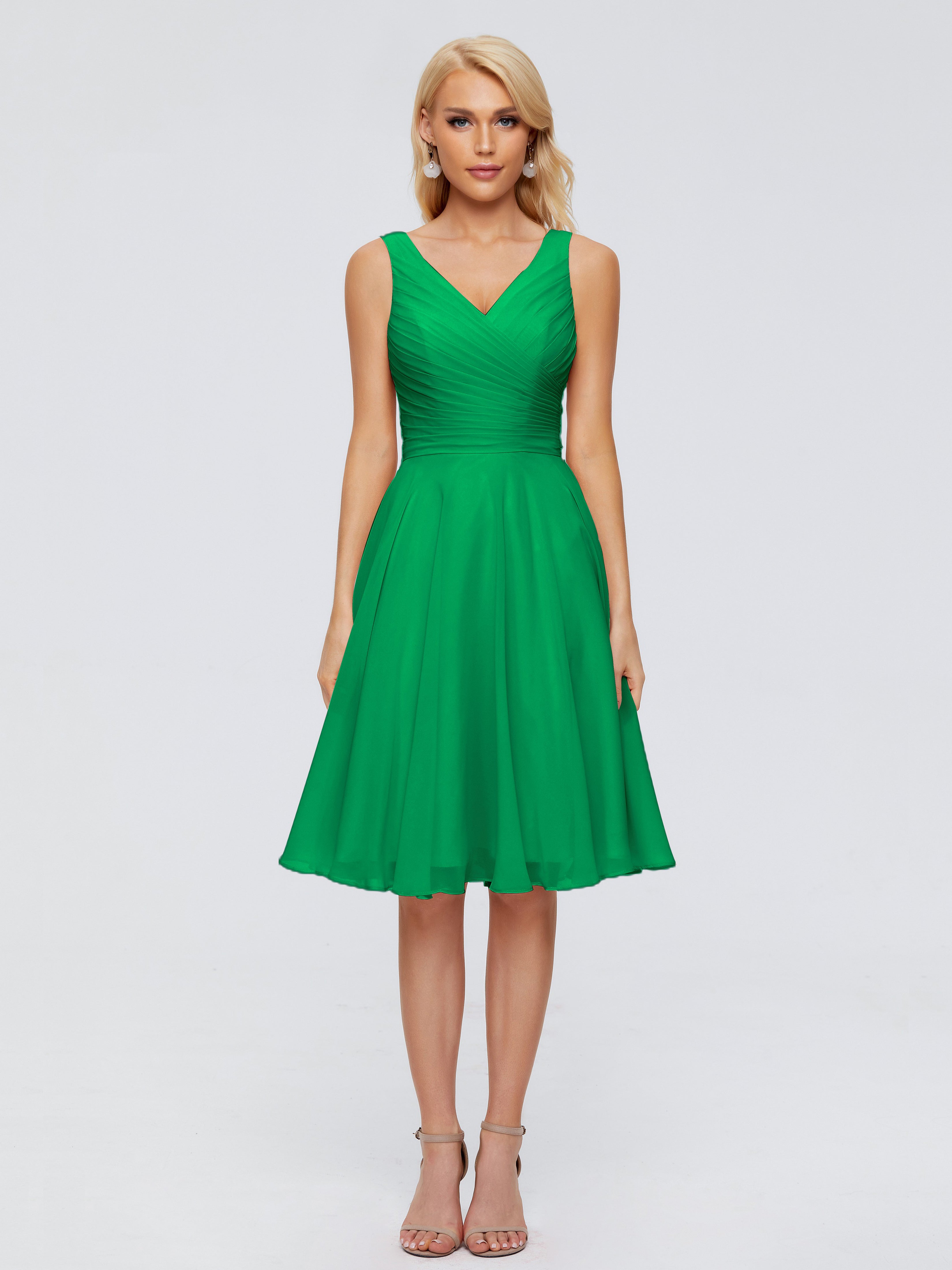 Robes De Demoiselle D'Honneur Vert Émeraude Col V Longueur Genou Mousseline Robes Demoiselle D'Honneur