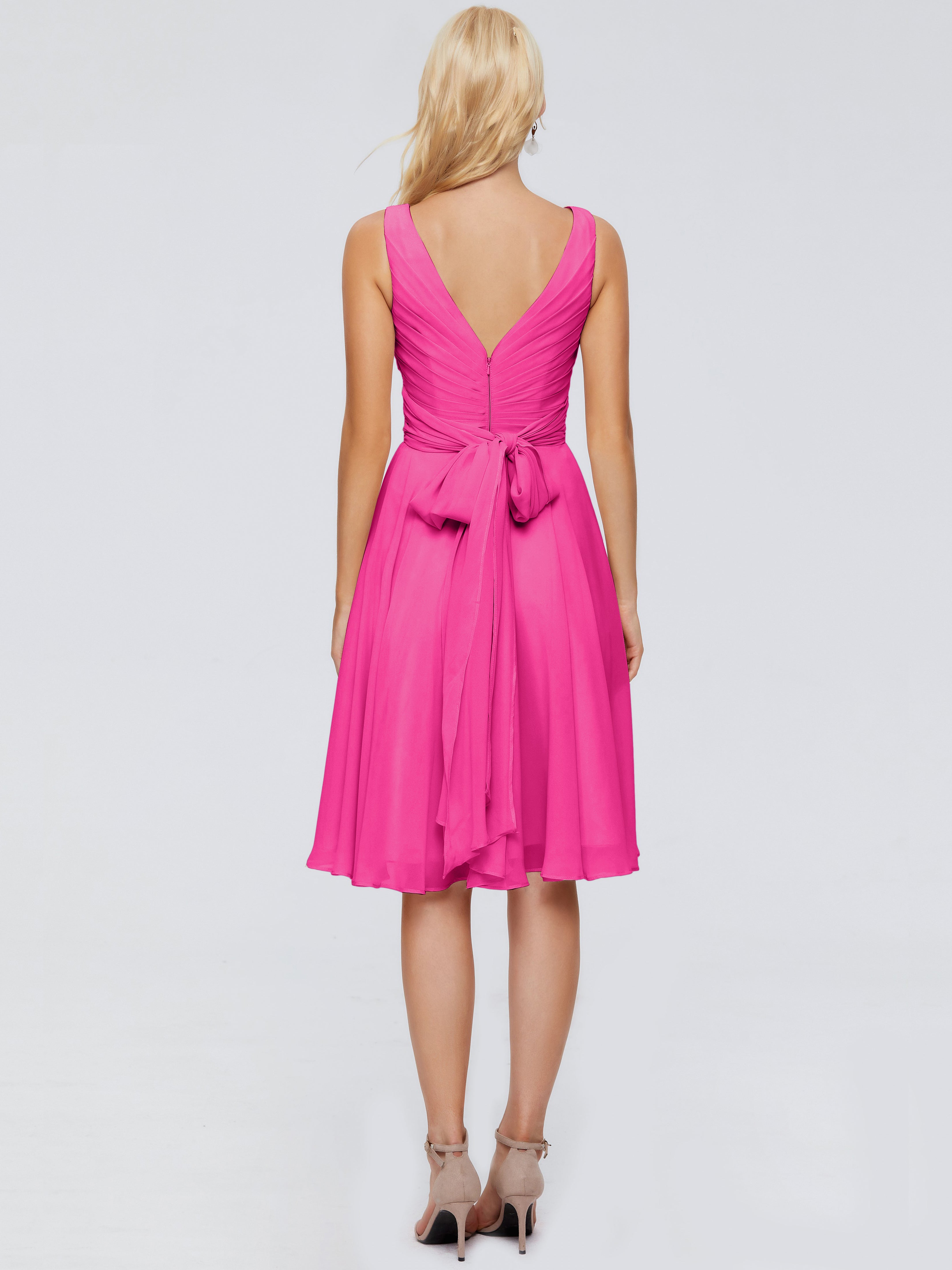 Robes De Demoiselle D'Honneur Rose Fuchsia Col V Longueur Genou Mousseline Robes Demoiselle D'Honneur