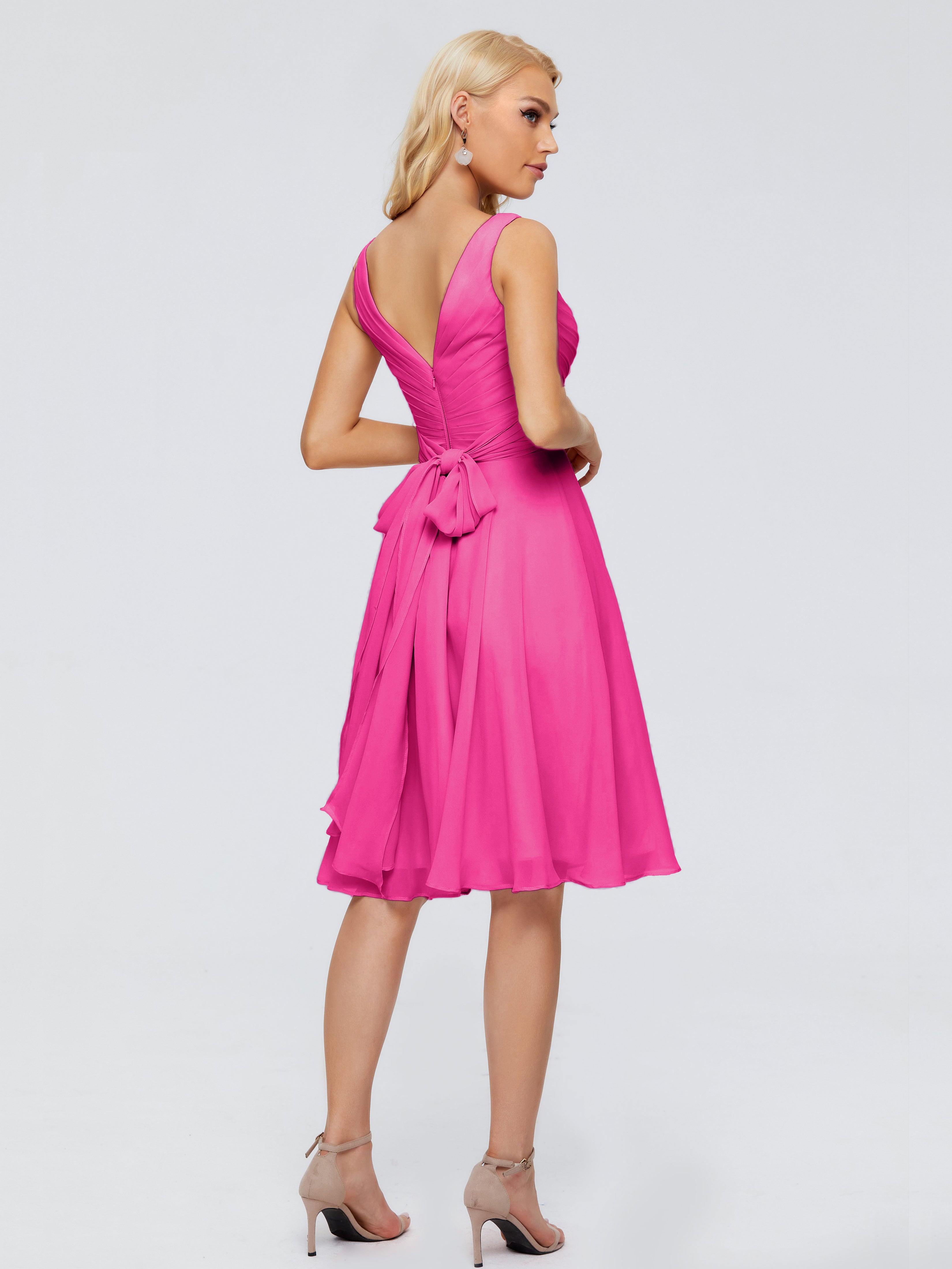 Robes De Demoiselle D'Honneur Rose Fuchsia Col V Longueur Genou Mousseline Robes Demoiselle D'Honneur