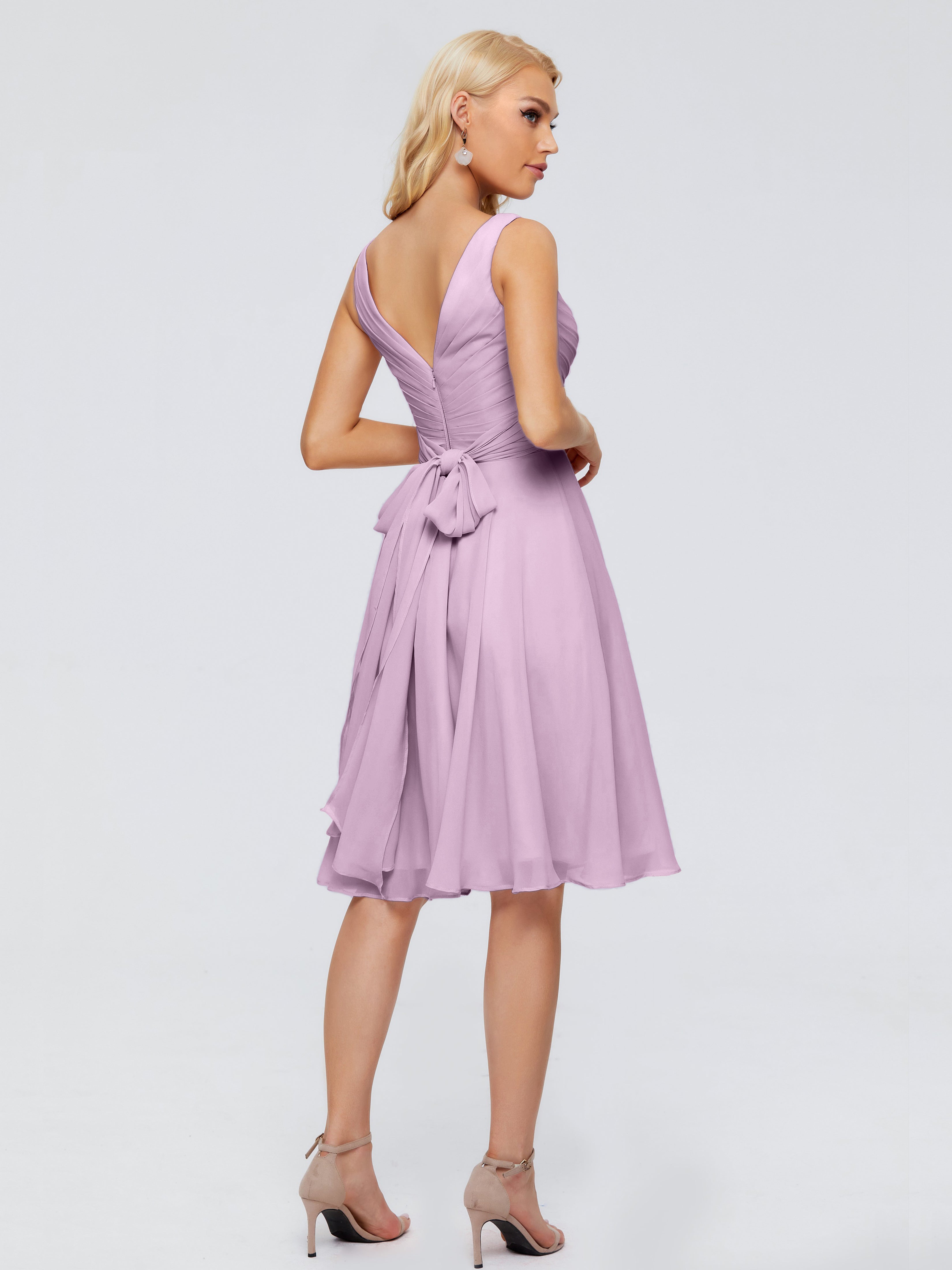 Robes De Demoiselle D'Honneur Glycine Col V Longueur Genou Mousseline Robes Demoiselle D'Honneur