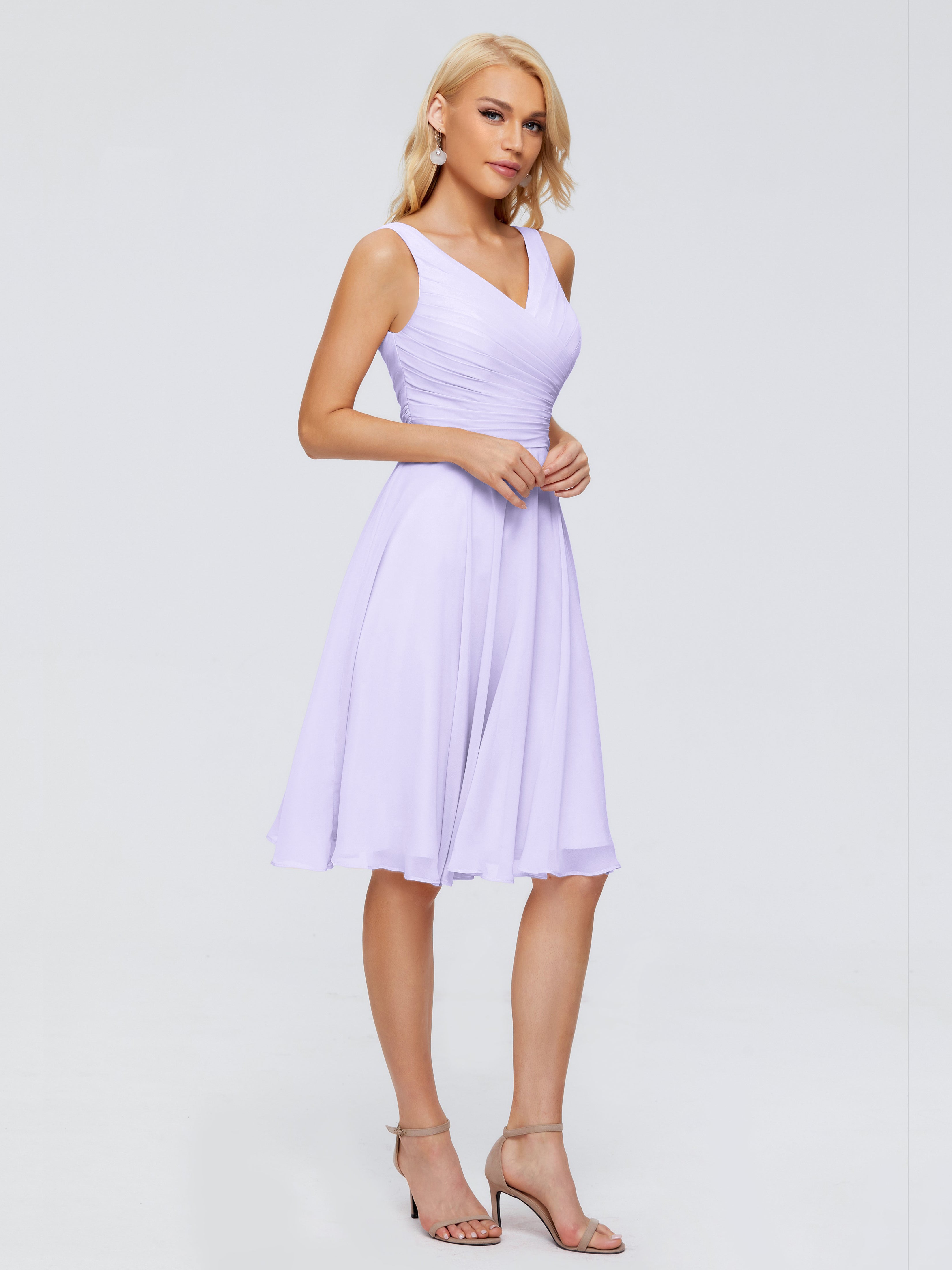 Demoiselle Robe Cocktail Robe Lilas Col V Longueur Genou Mousseline Robes Demoiselle D'Honneur