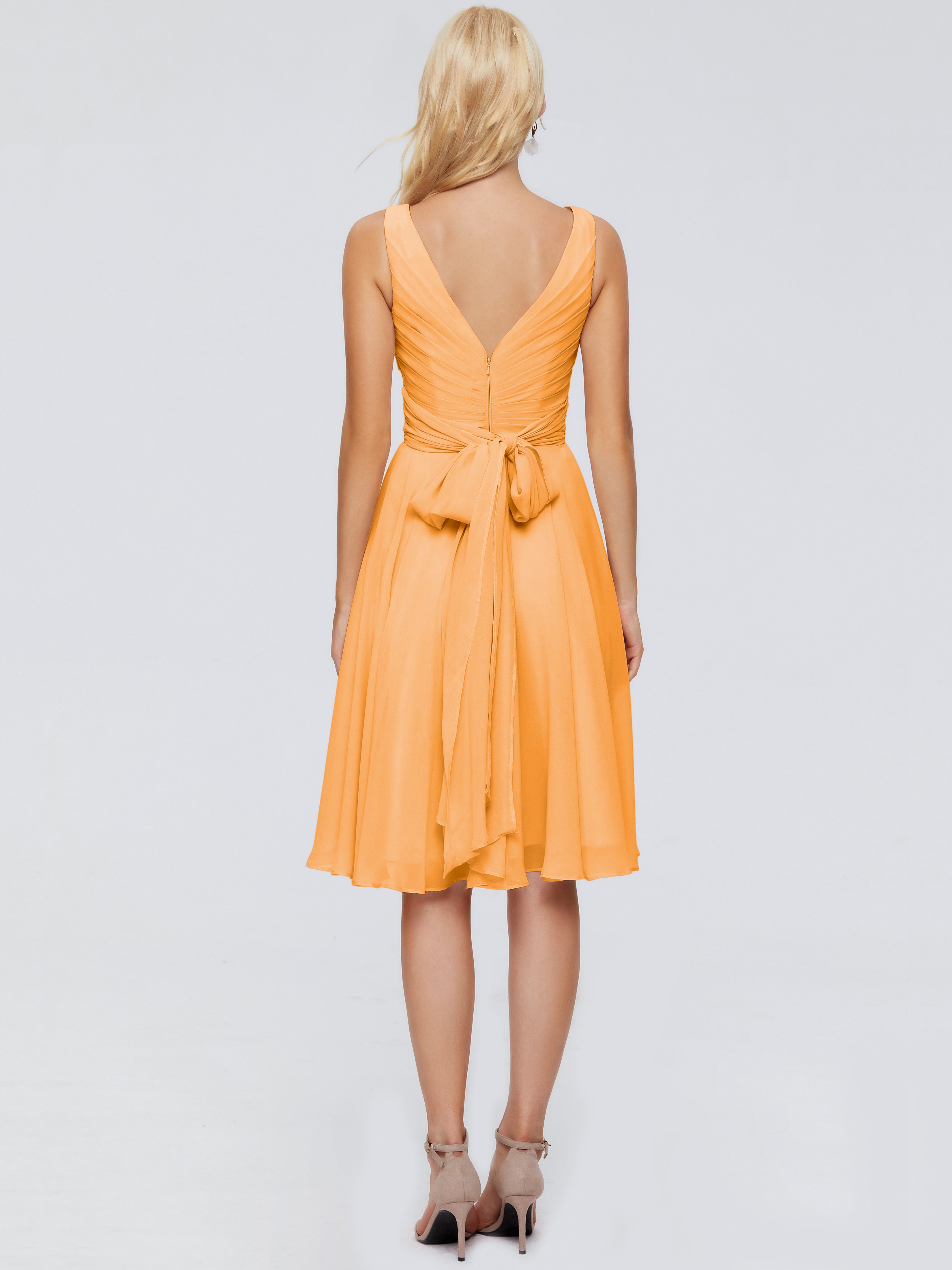 Robes De Demoiselle D'Honneur Mandarine Col V Longueur Genou Mousseline Robes Demoiselle D'Honneur