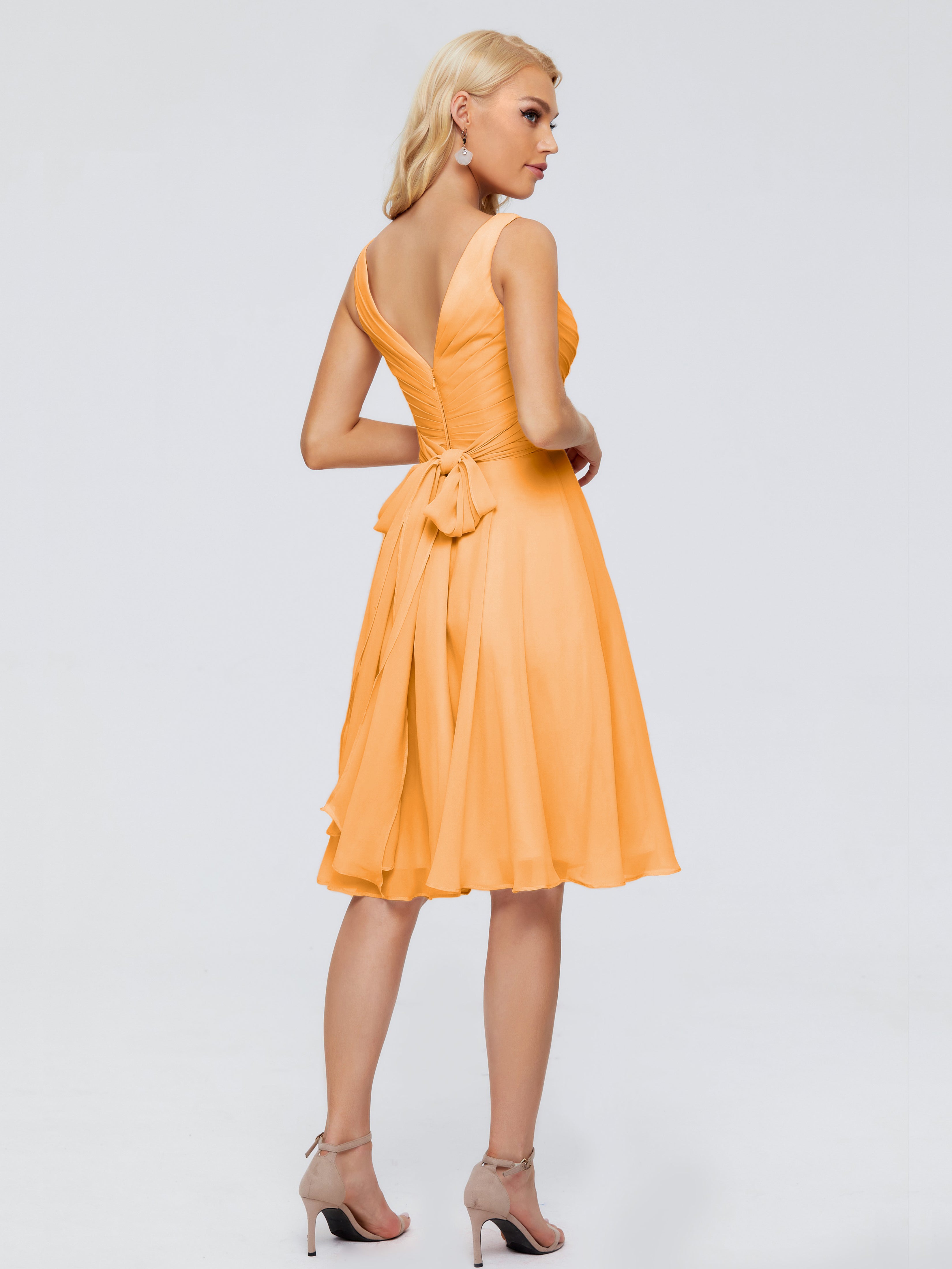 Robes De Demoiselle D'Honneur Mandarine Col V Longueur Genou Mousseline Robes Demoiselle D'Honneur