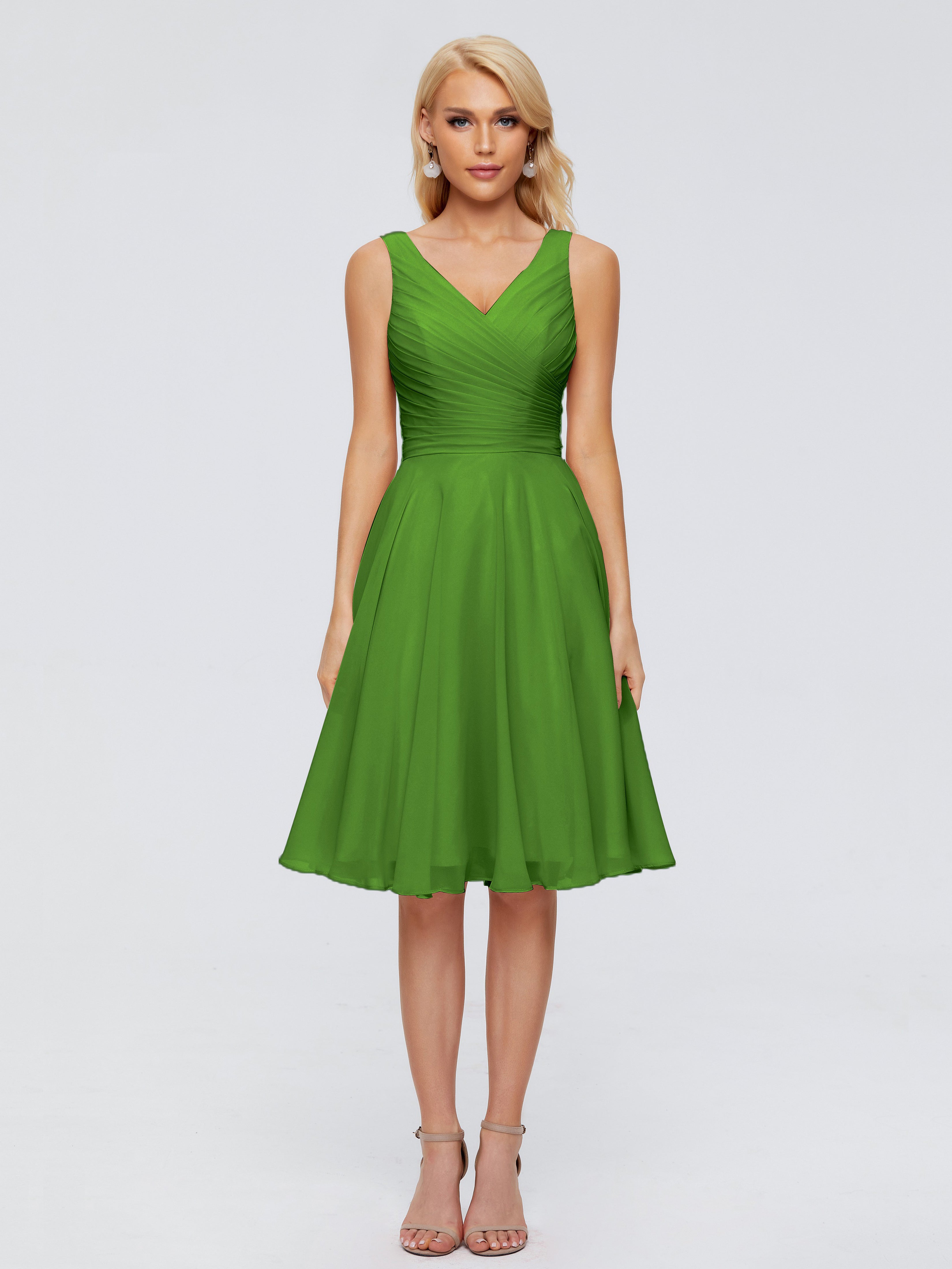 Robes De Demoiselle D'Honneur Vert Mousse Col V Longueur Genou Mousseline Robes Demoiselle D'Honneur