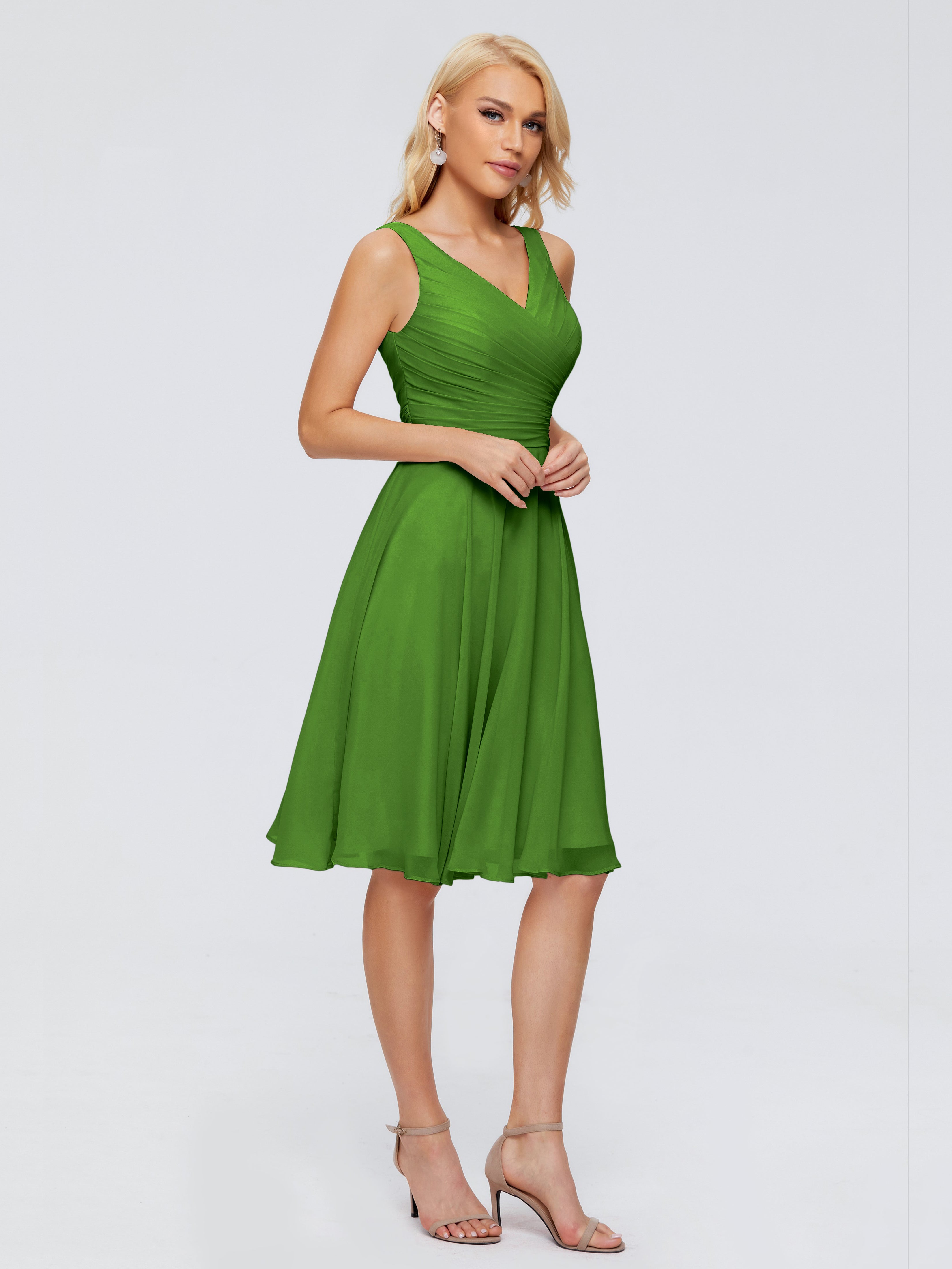 Robes De Demoiselle D'Honneur Vert Mousse Col V Longueur Genou Mousseline Robes Demoiselle D'Honneur