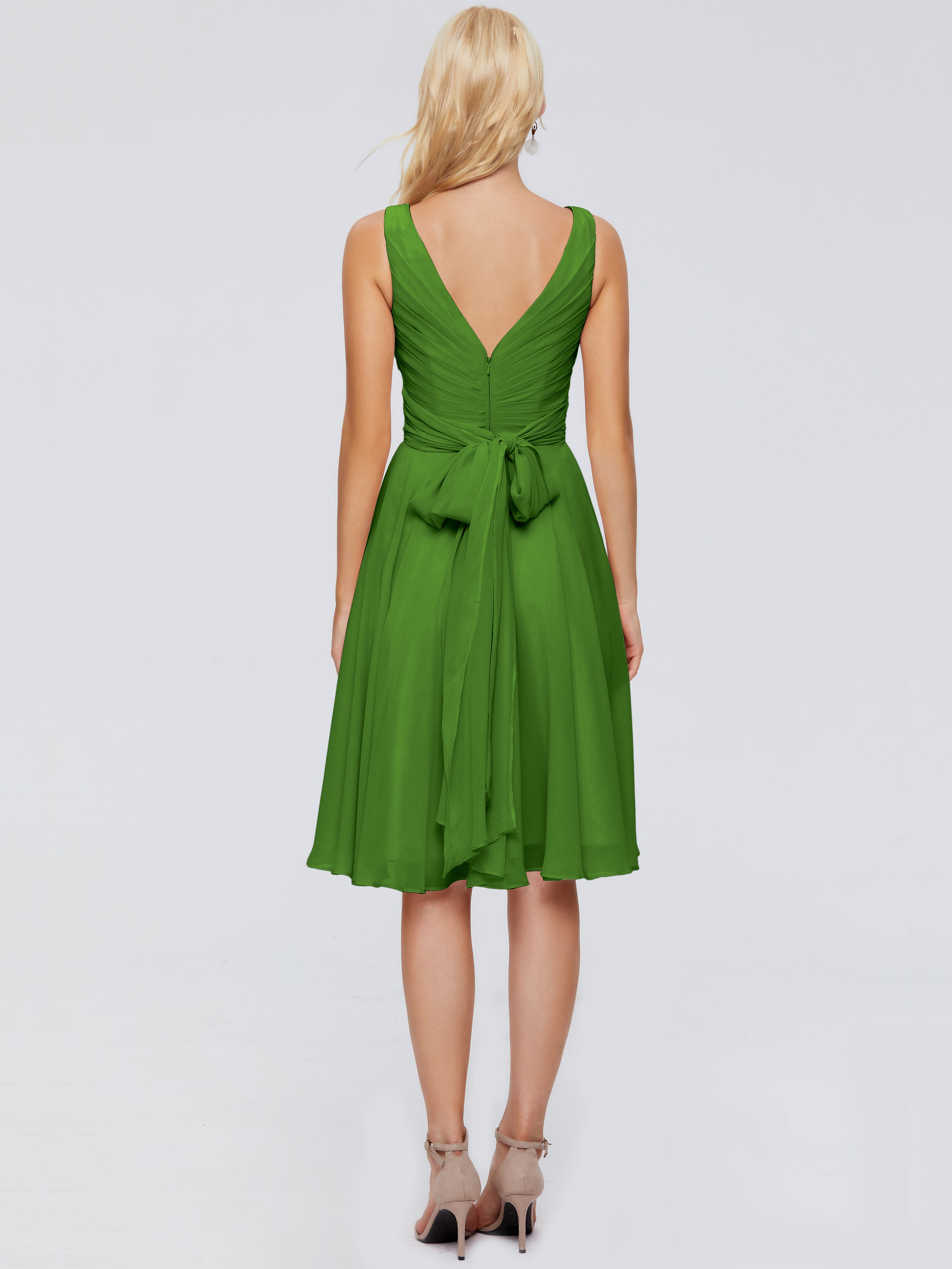 Robes De Demoiselle D'Honneur Vert Mousse Col V Longueur Genou Mousseline Robes Demoiselle D'Honneur
