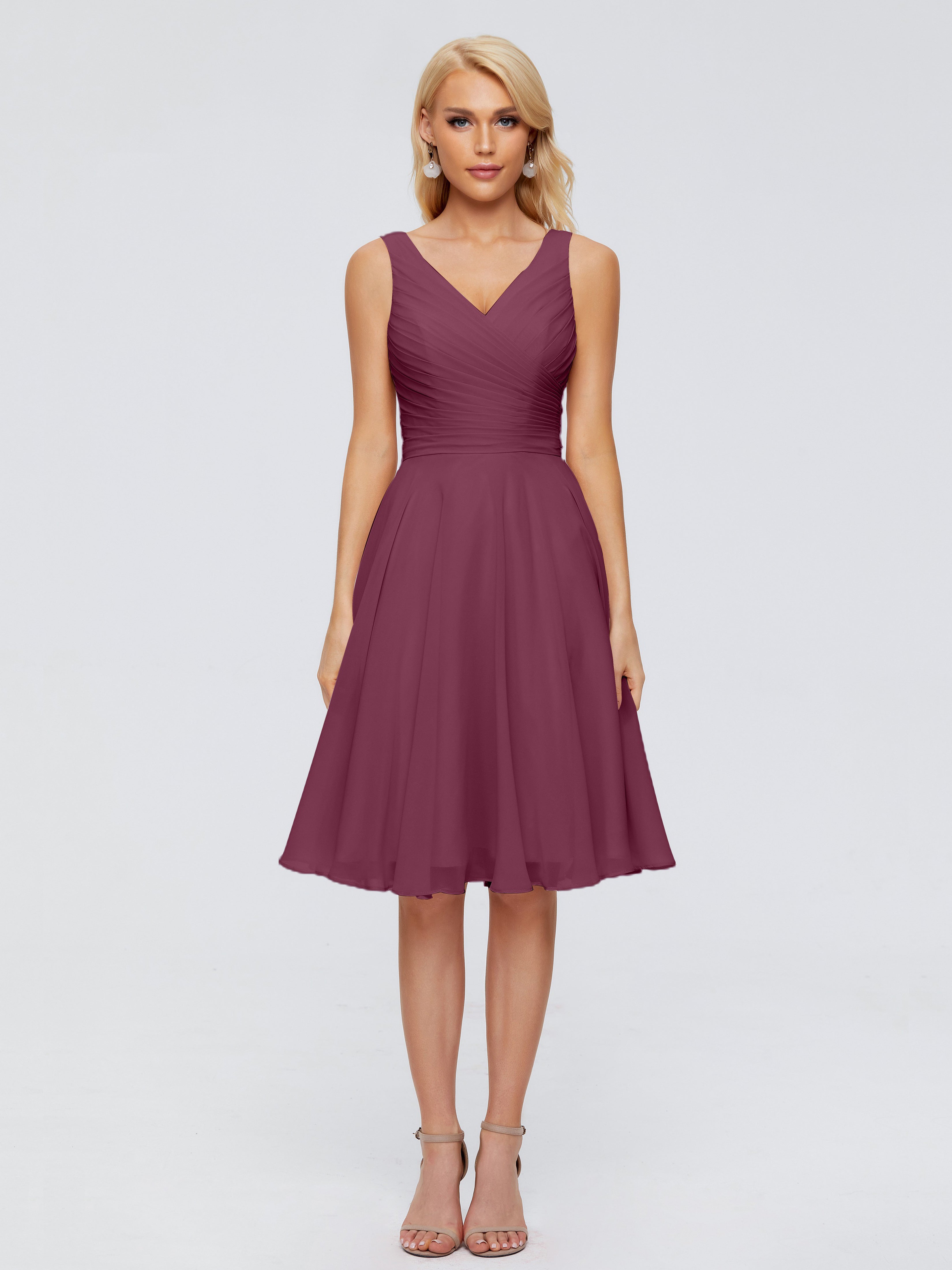 Robes De Demoiselle D'Honneur Mûre Col V Longueur Genou Mousseline Robes Demoiselle D'Honneur