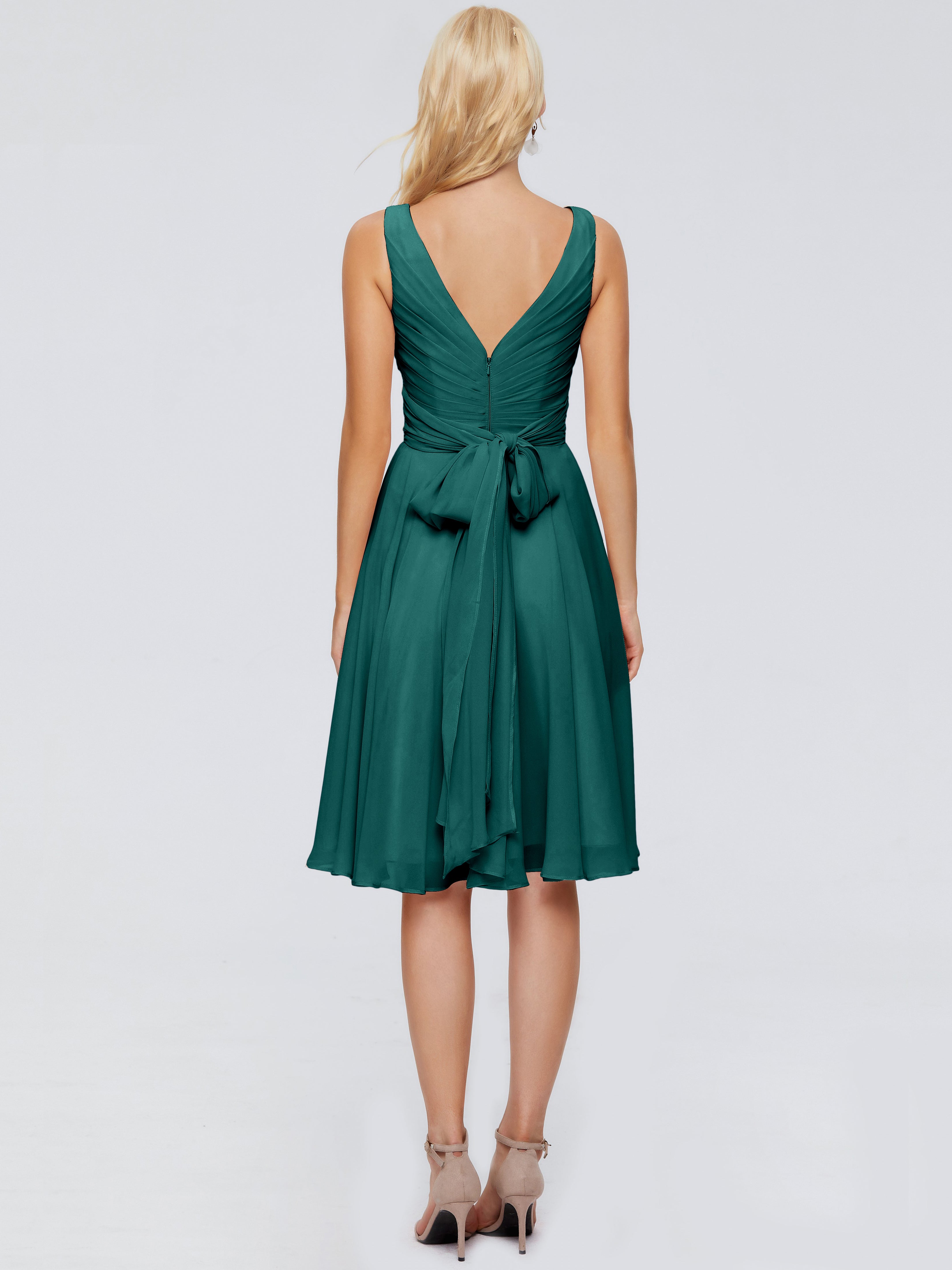 Robe De Demoiselle D'Honneur En Mousseline De Paon Col V Longueur Genou Mousseline Robes Demoiselle D'Honneur