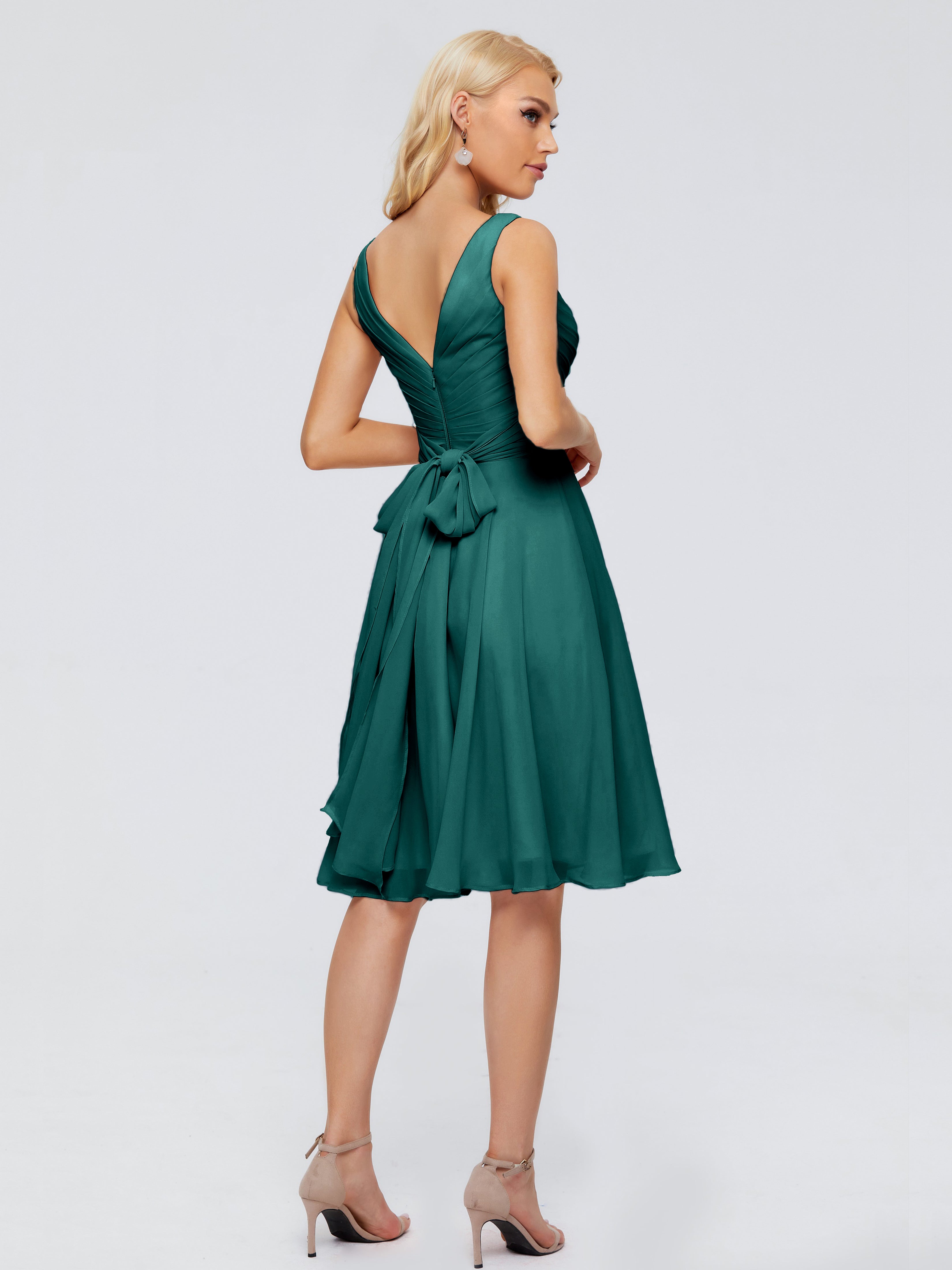 Robe De Demoiselle D'Honneur En Mousseline De Paon Col V Longueur Genou Mousseline Robes Demoiselle D'Honneur