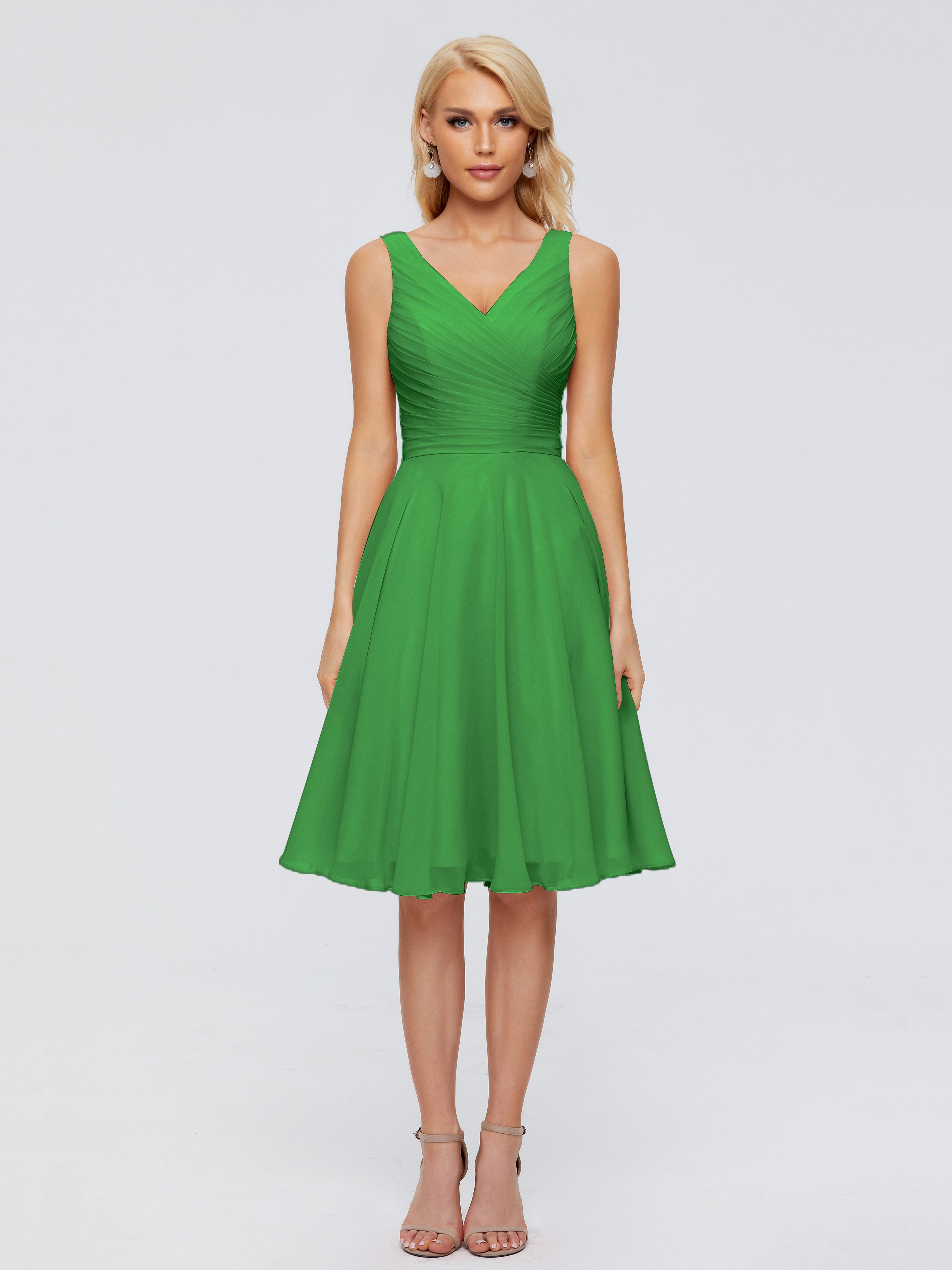 Robes De Demoiselle D'Honneur Vert Pin Col V Longueur Genou Mousseline Robes Demoiselle D'Honneur