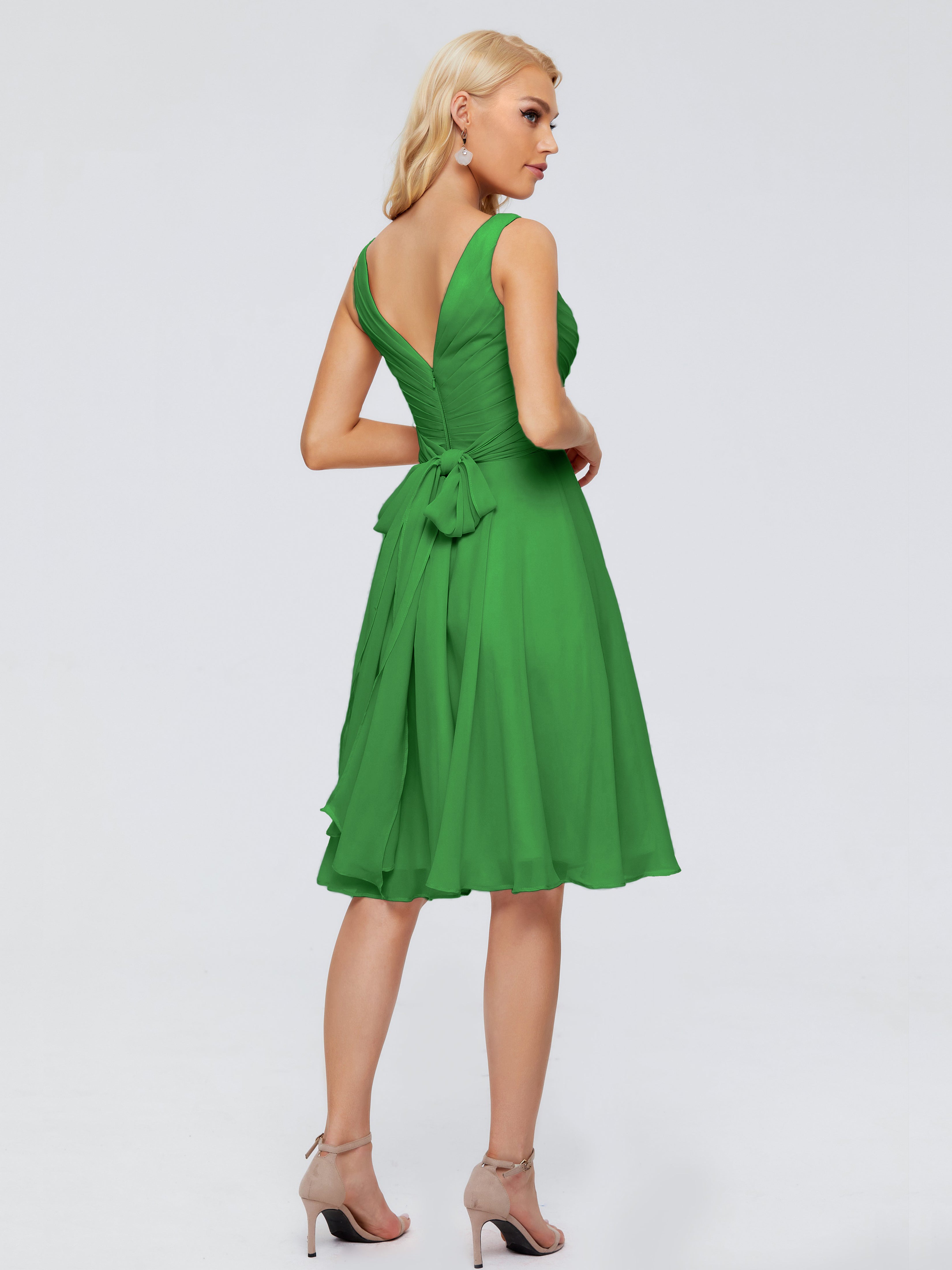 Robes De Demoiselle D'Honneur Vert Pin Col V Longueur Genou Mousseline Robes Demoiselle D'Honneur