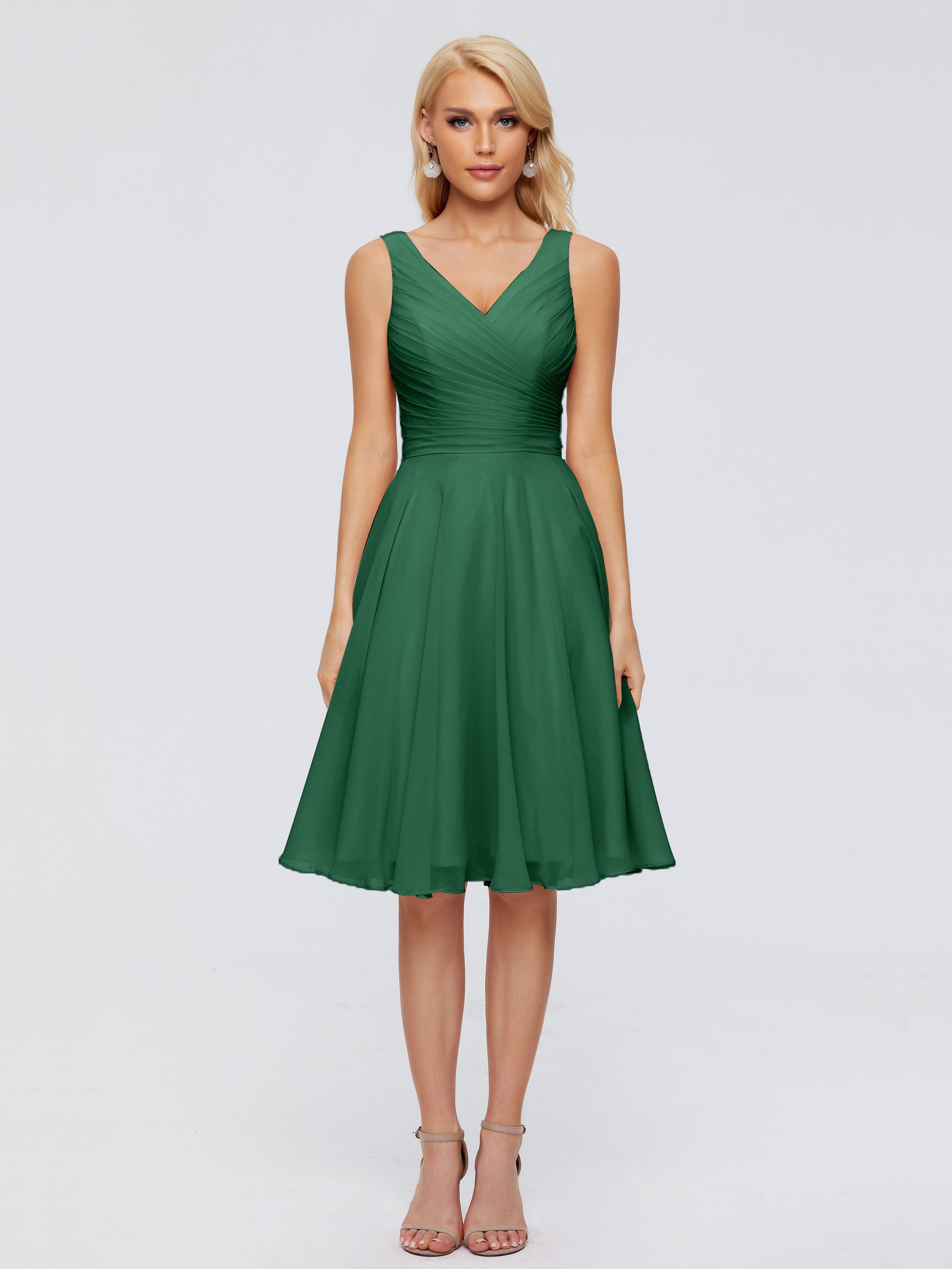 Demoiselle D'Honneur Vert Foncé Col V Longueur Genou Mousseline Robes Demoiselle D'Honneur