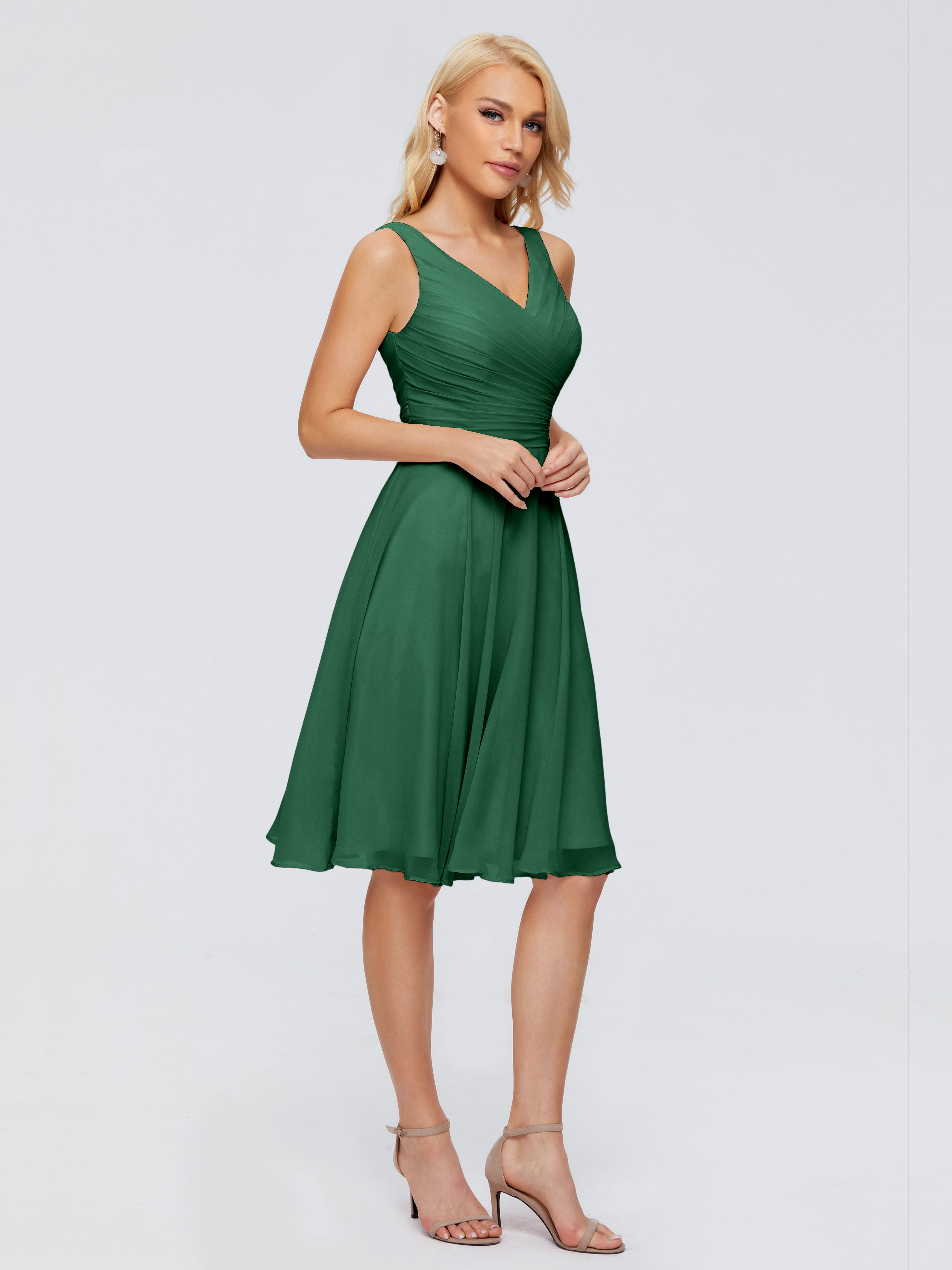 Demoiselle D'Honneur Vert Foncé Col V Longueur Genou Mousseline Robes Demoiselle D'Honneur