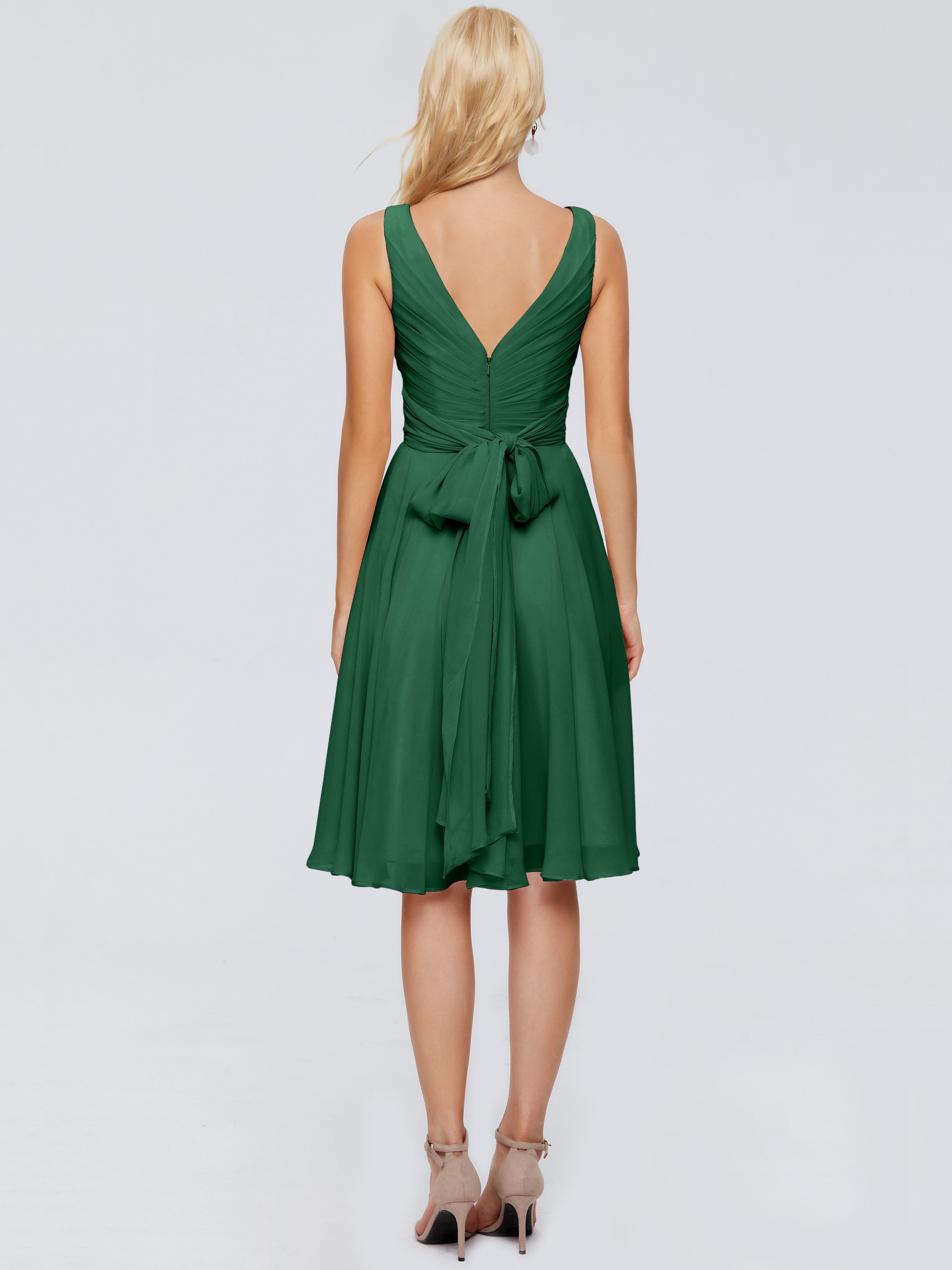 Demoiselle D'Honneur Vert Foncé Col V Longueur Genou Mousseline Robes Demoiselle D'Honneur