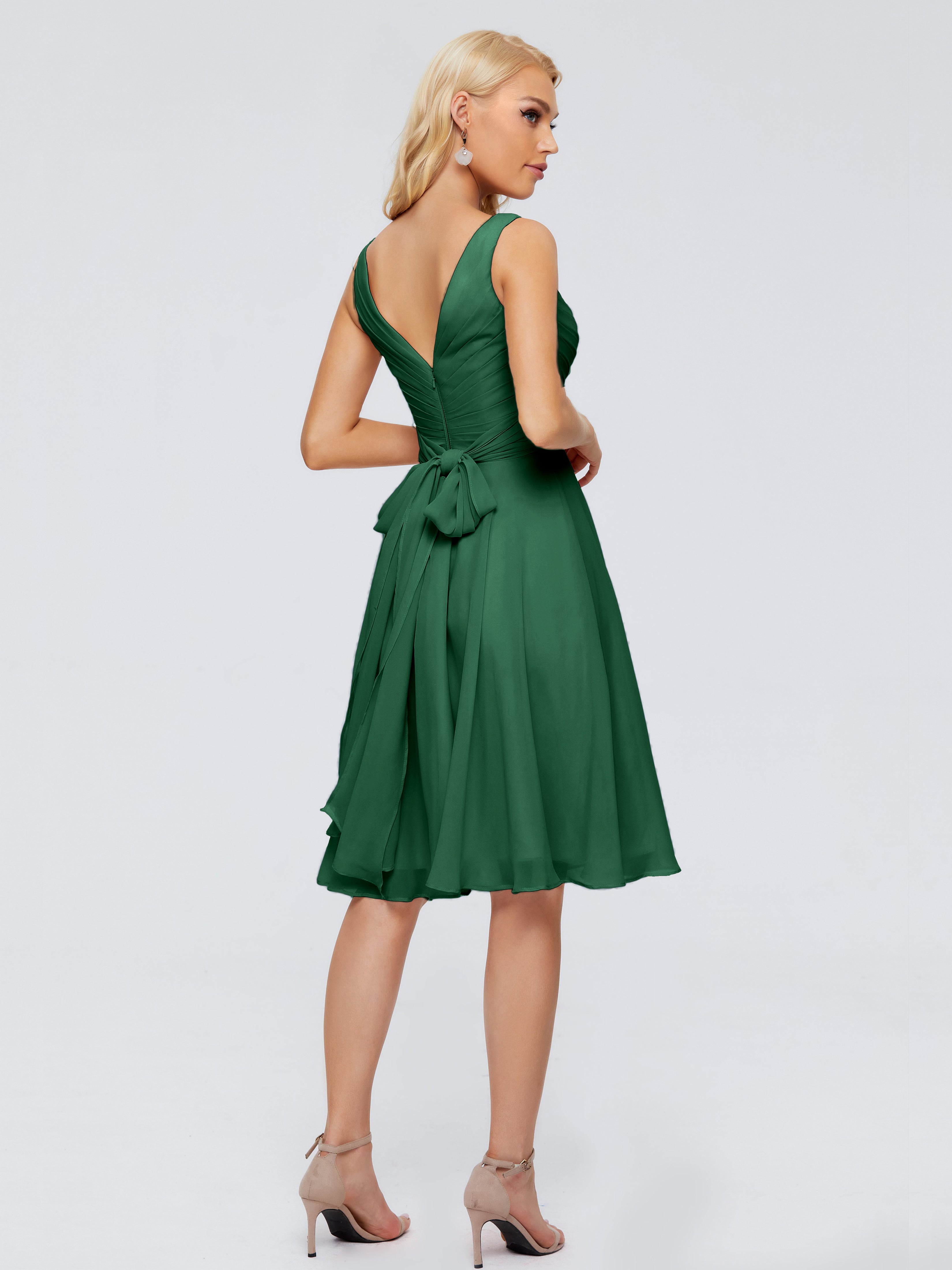 Demoiselle D'Honneur Vert Foncé Col V Longueur Genou Mousseline Robes Demoiselle D'Honneur