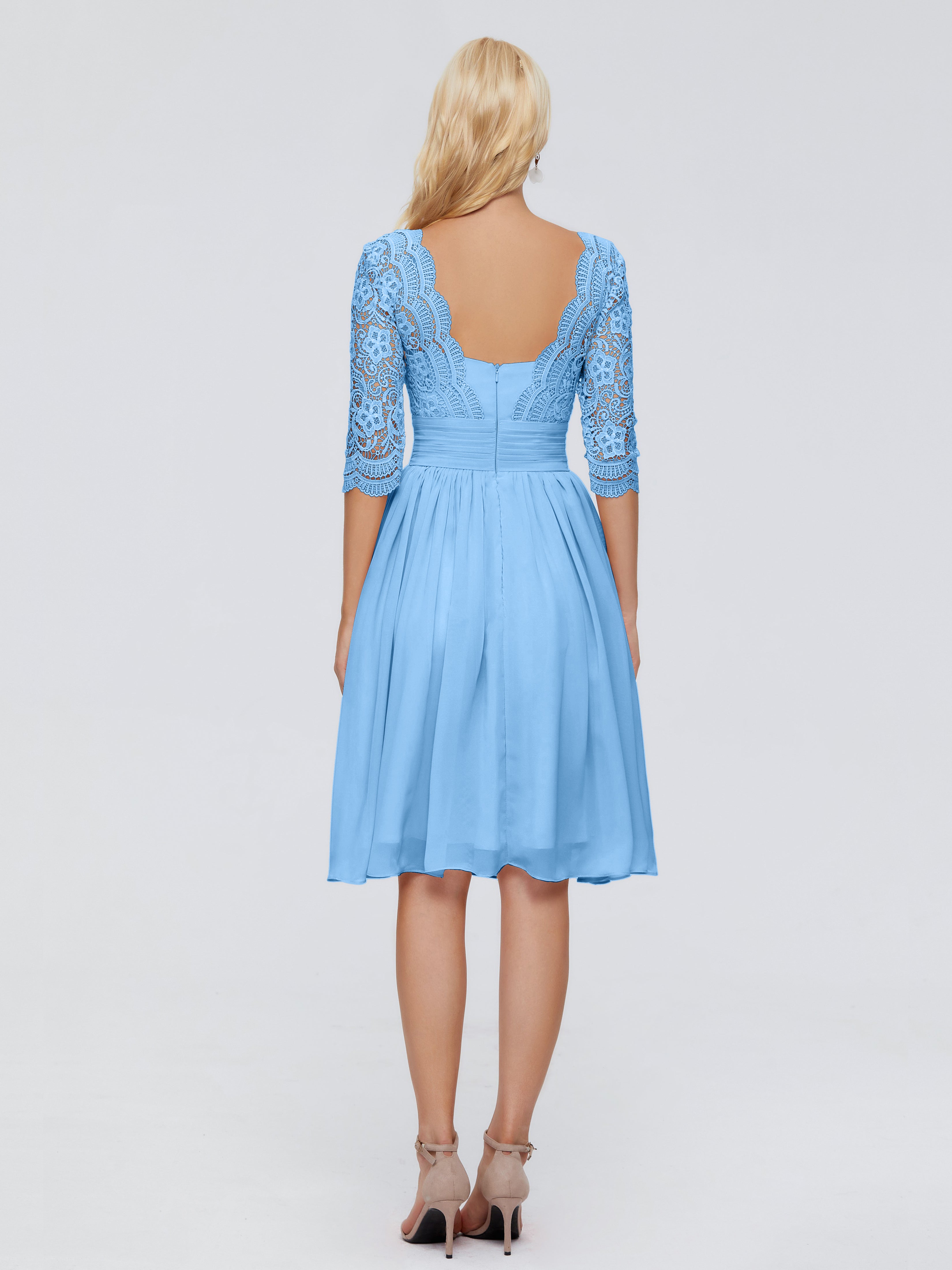 Robes De Demoiselle D'Honneur Bleues Shorts Longueur Genou Dentelle Robes Demoiselle D'Honneur