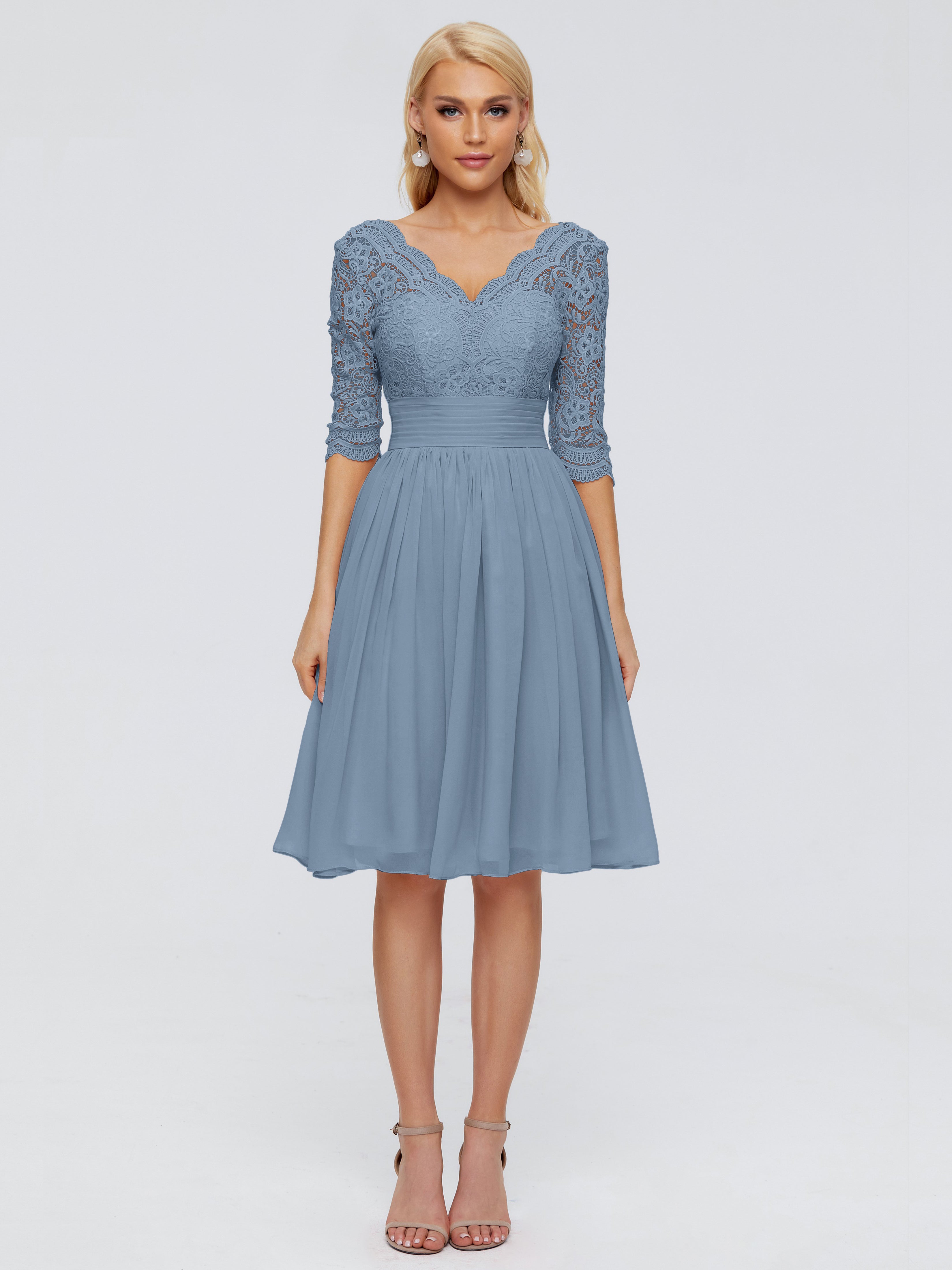 Robes De Demoiselle D'Honneur Bleu De Schiste Longueur Genou Dentelle Robes Demoiselle D'Honneur