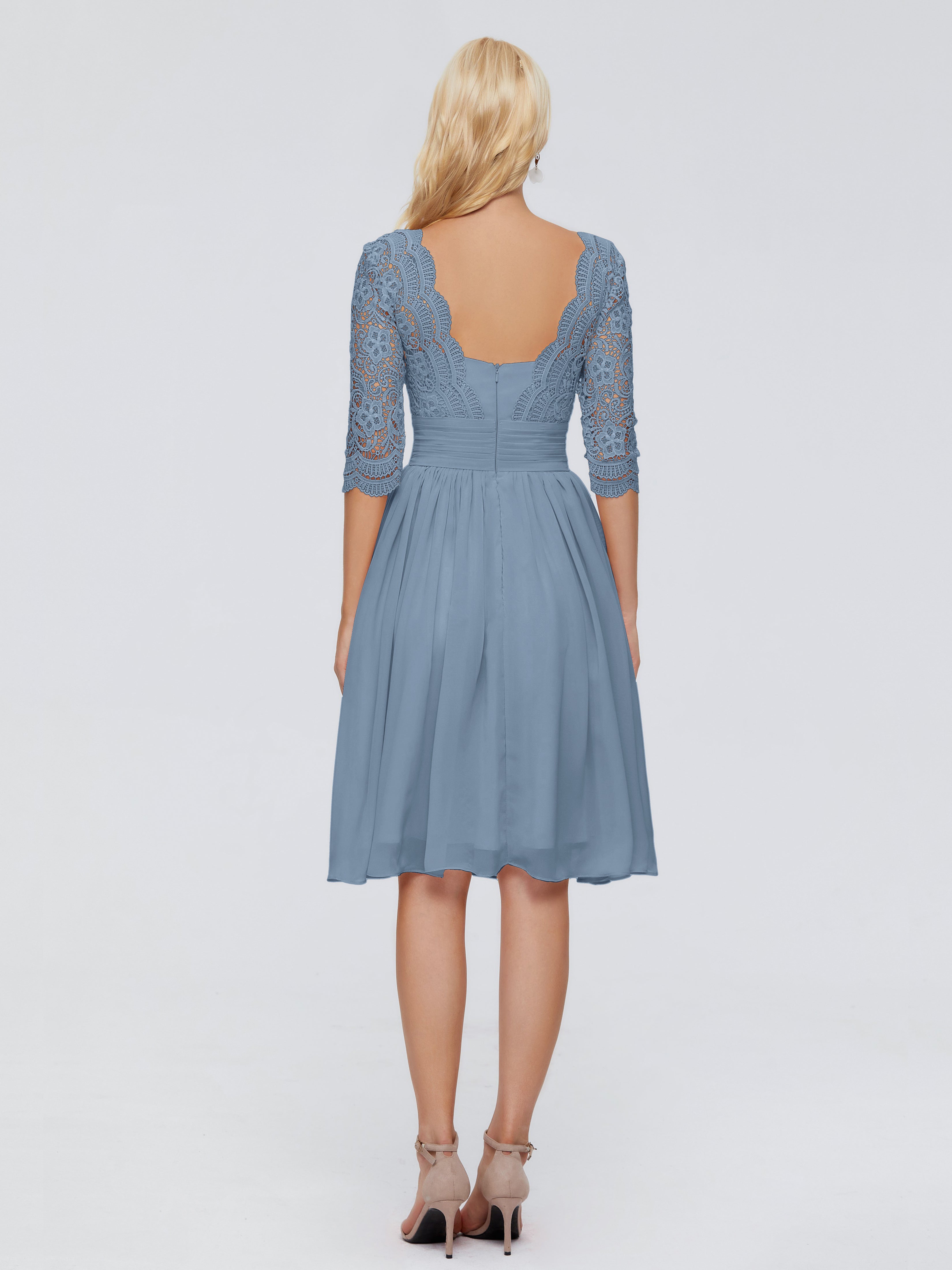 Robes De Demoiselle D'Honneur Bleu De Schiste Longueur Genou Dentelle Robes Demoiselle D'Honneur