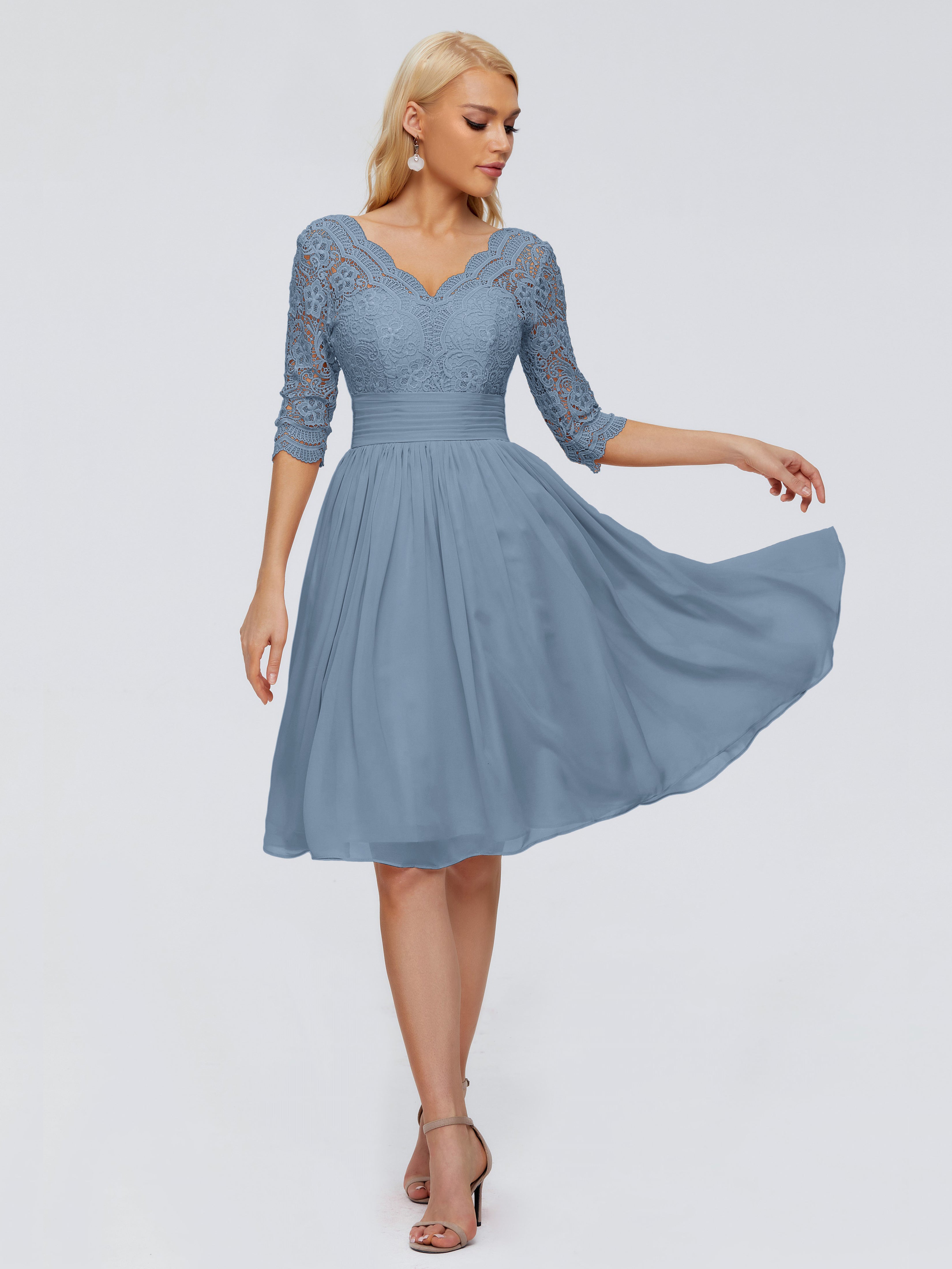 Robes De Demoiselle D'Honneur Bleu De Schiste Longueur Genou Dentelle Robes Demoiselle D'Honneur