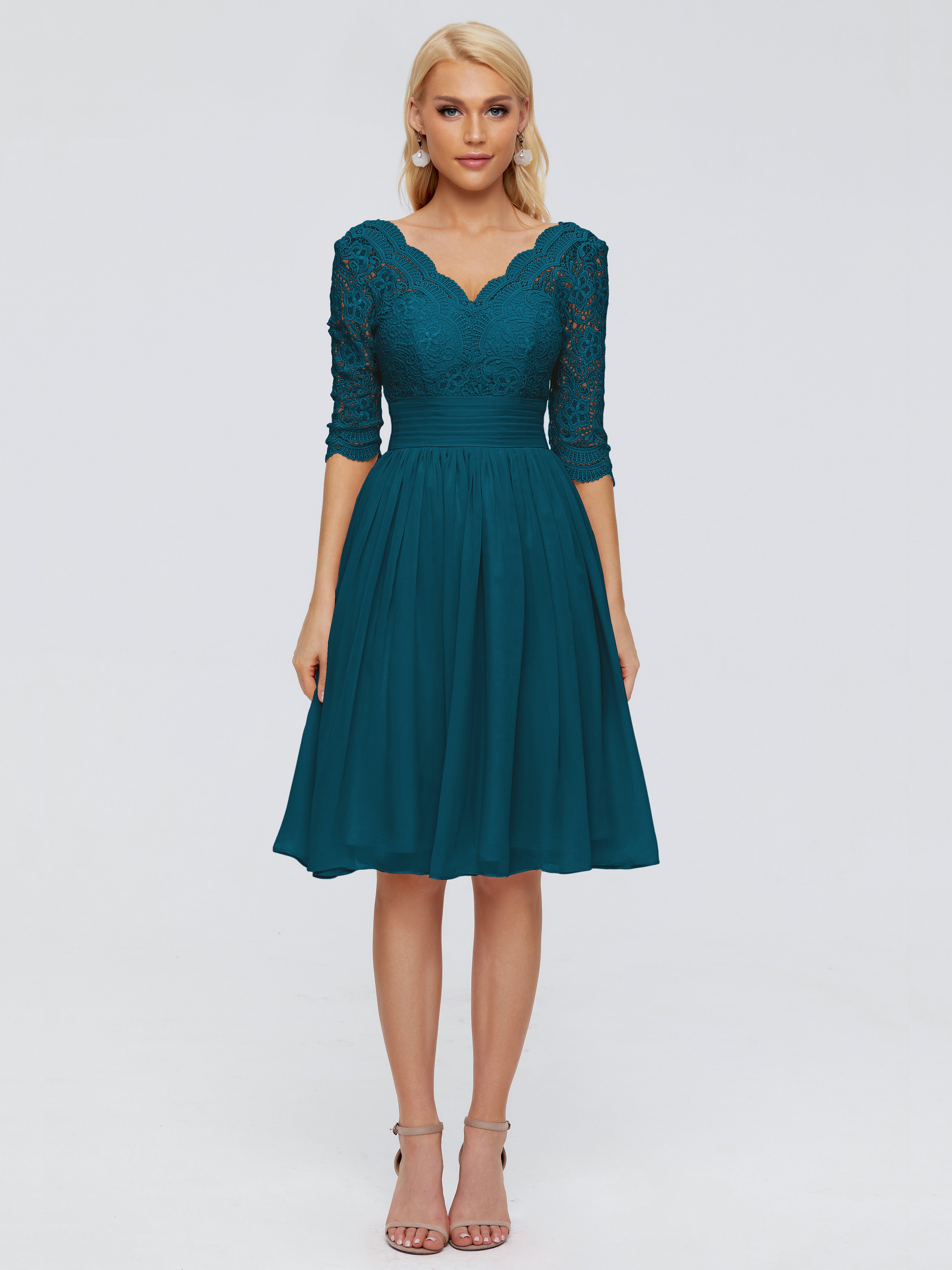 Robe De Demoiselle D'Honneur Bleu Encre Longueur Genou Dentelle Robes Demoiselle D'Honneur