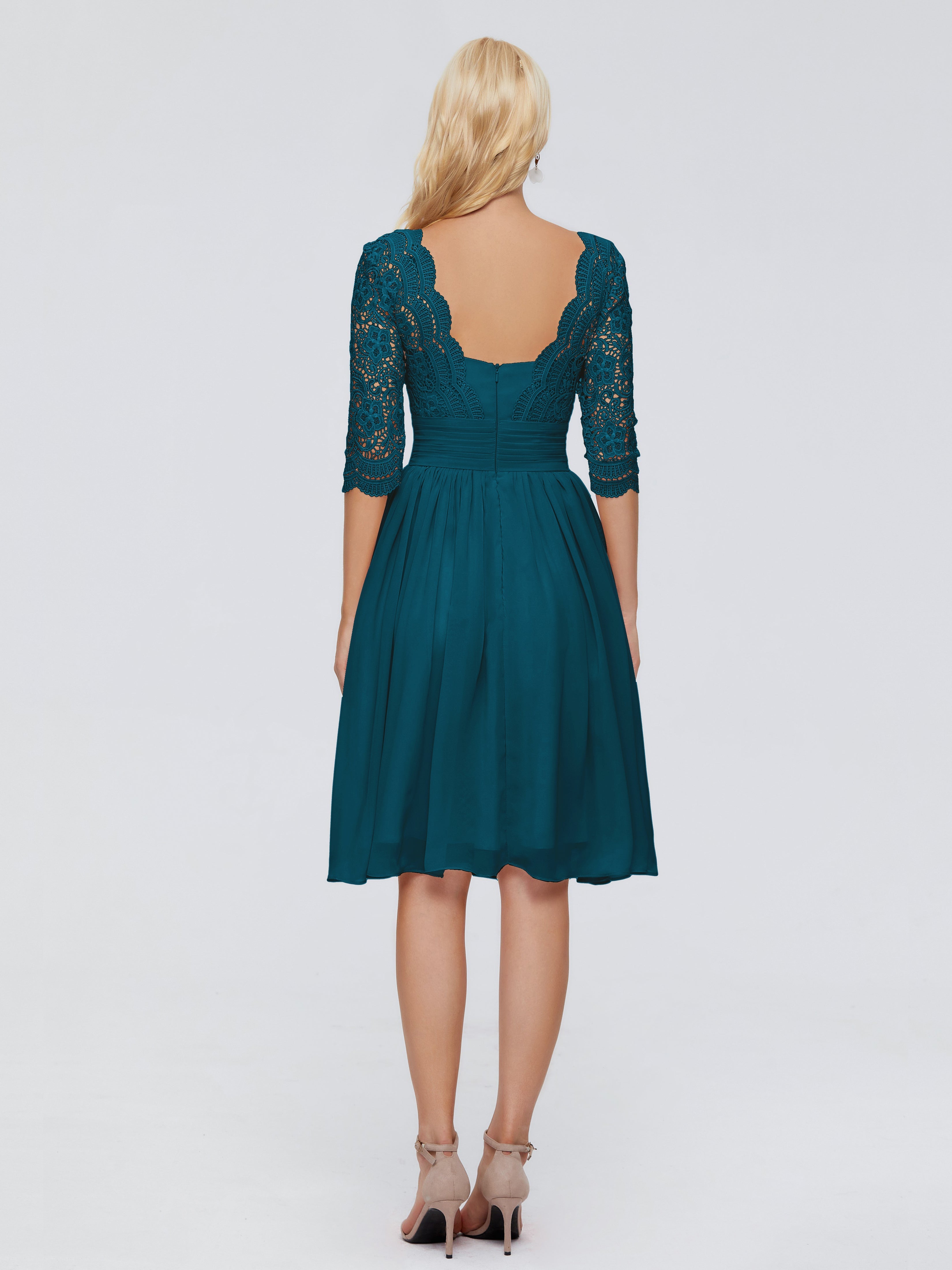 Robe De Demoiselle D'Honneur Bleu Encre Longueur Genou Dentelle Robes Demoiselle D'Honneur