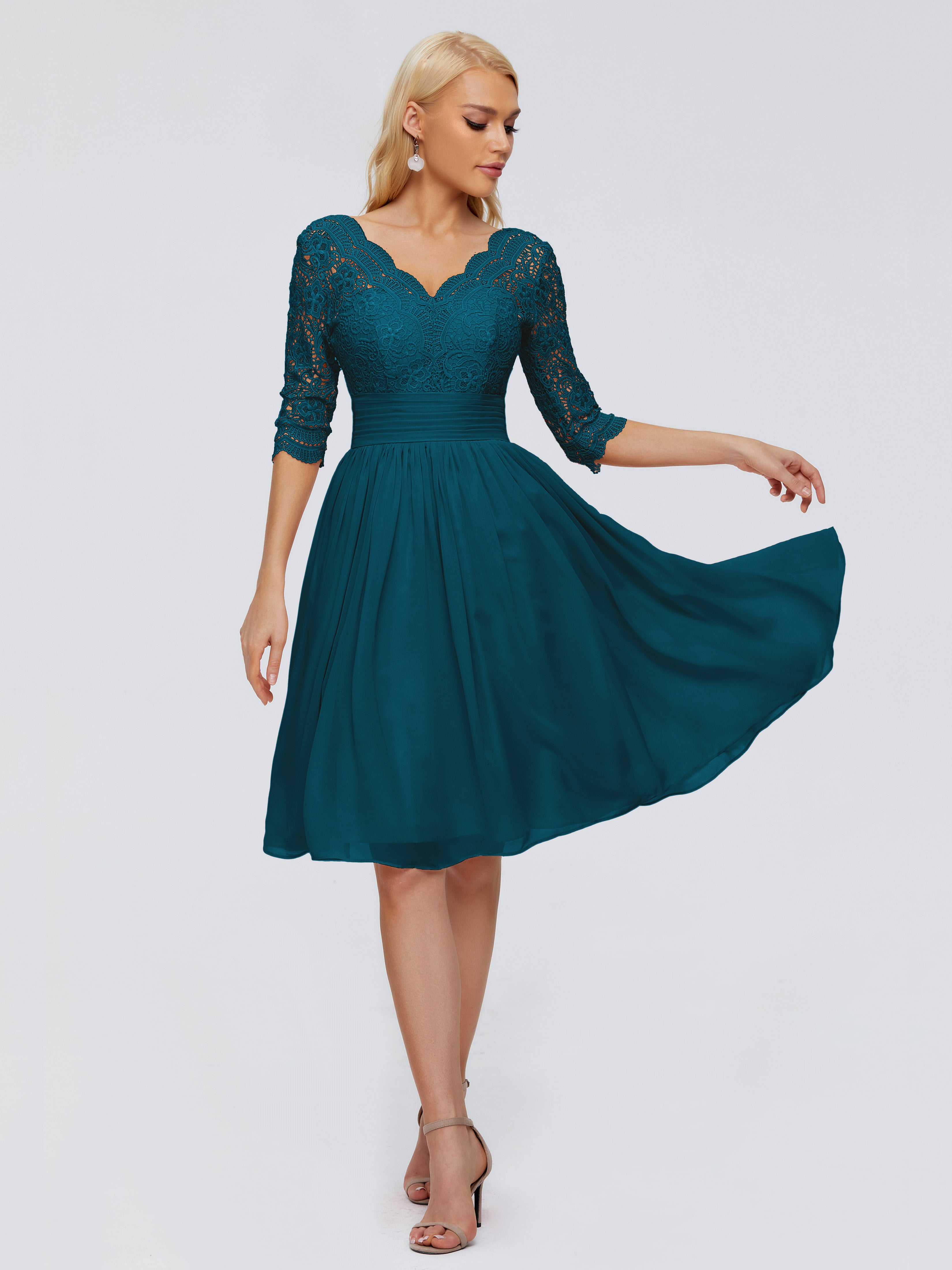 Robe De Demoiselle D'Honneur Bleu Encre Longueur Genou Dentelle Robes Demoiselle D'Honneur