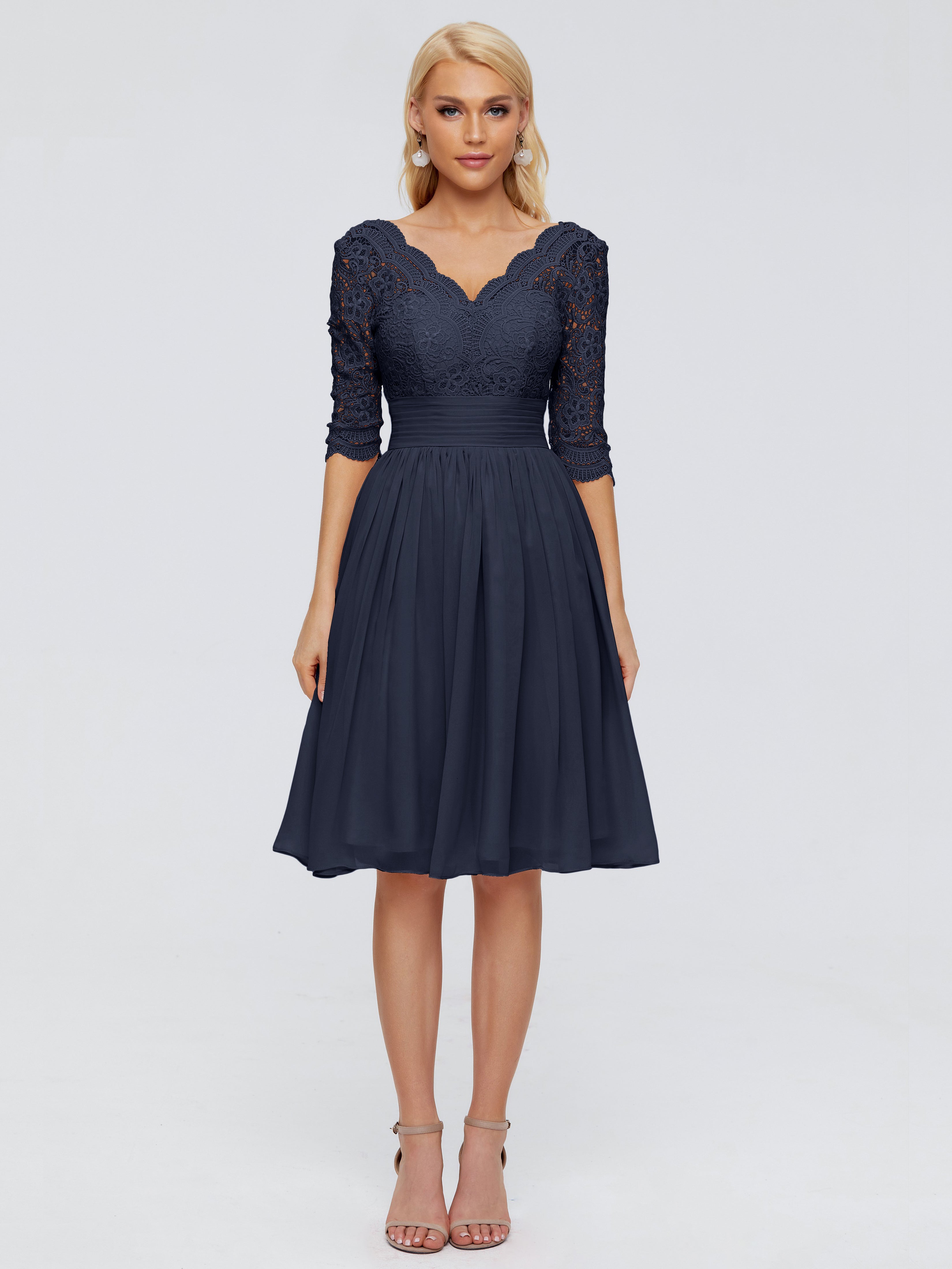 Robes De Demoiselle D'Honneur Bleu Marine Foncé Longueur Genou Dentelle Robes Demoiselle D'Honneur