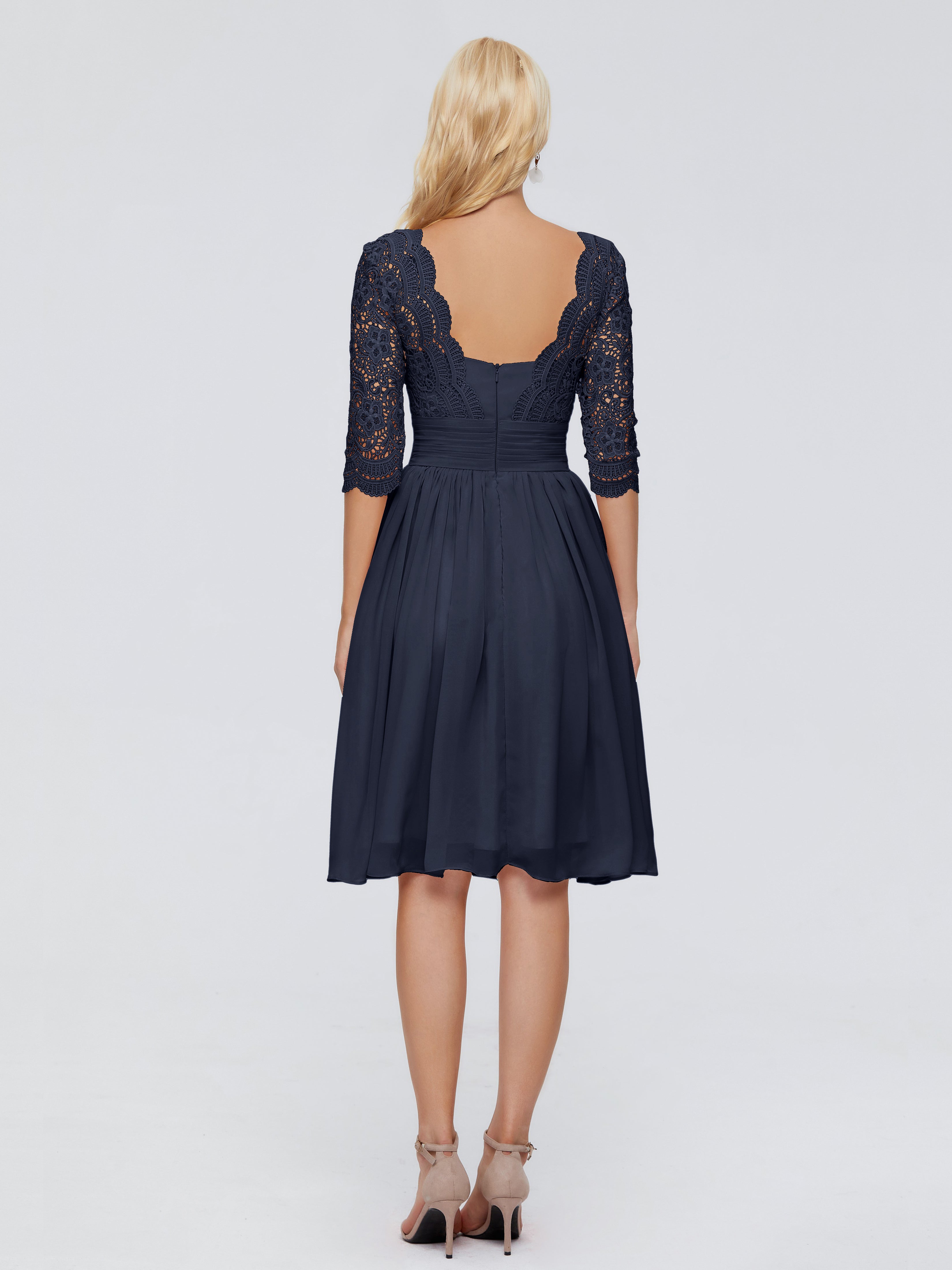 Robes De Demoiselle D'Honneur Bleu Marine Foncé Longueur Genou Dentelle Robes Demoiselle D'Honneur