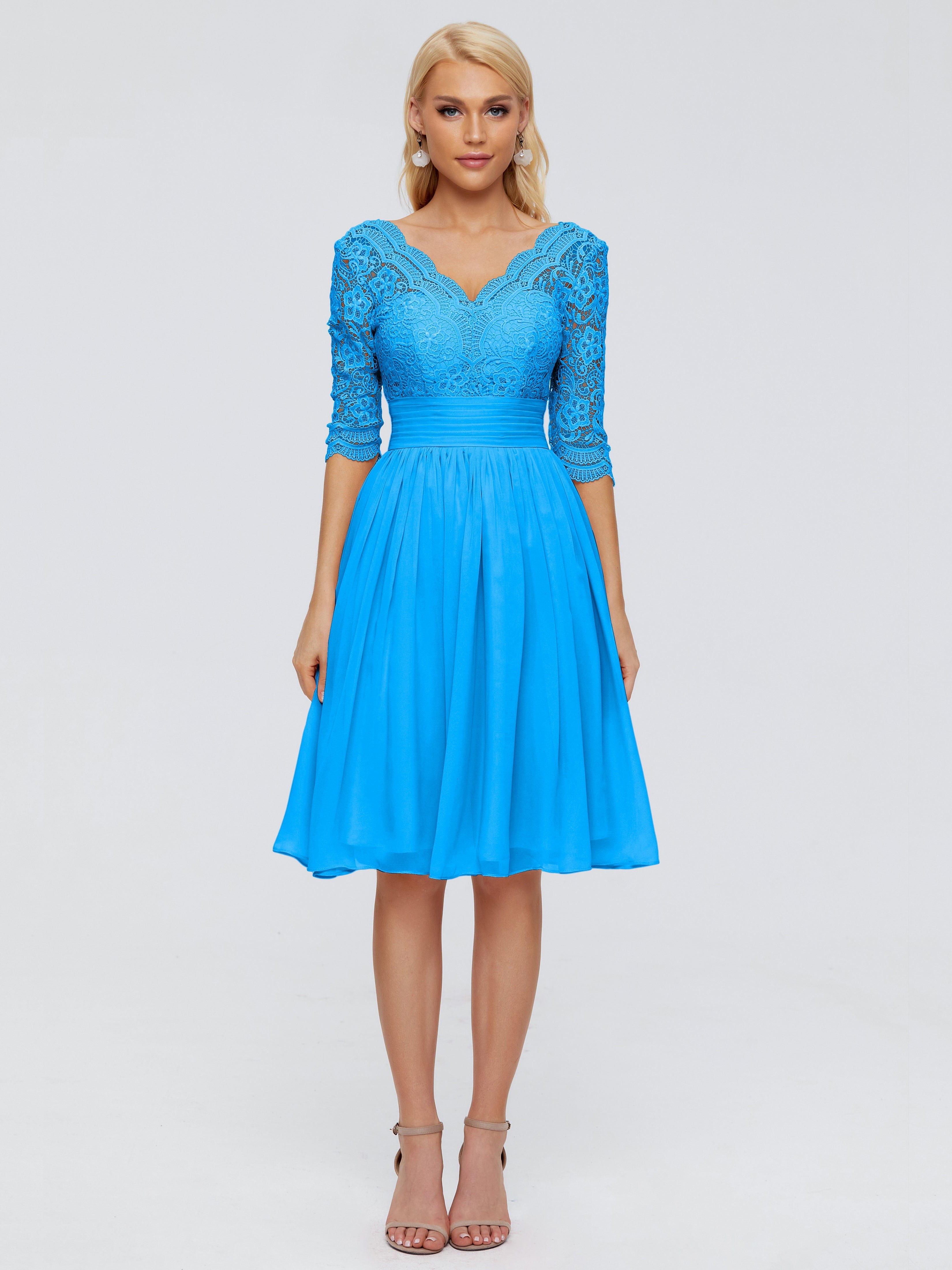 Robes De Demoiselle D'Honneur Bleu Océan Longueur Genou Dentelle Robes Demoiselle D'Honneur