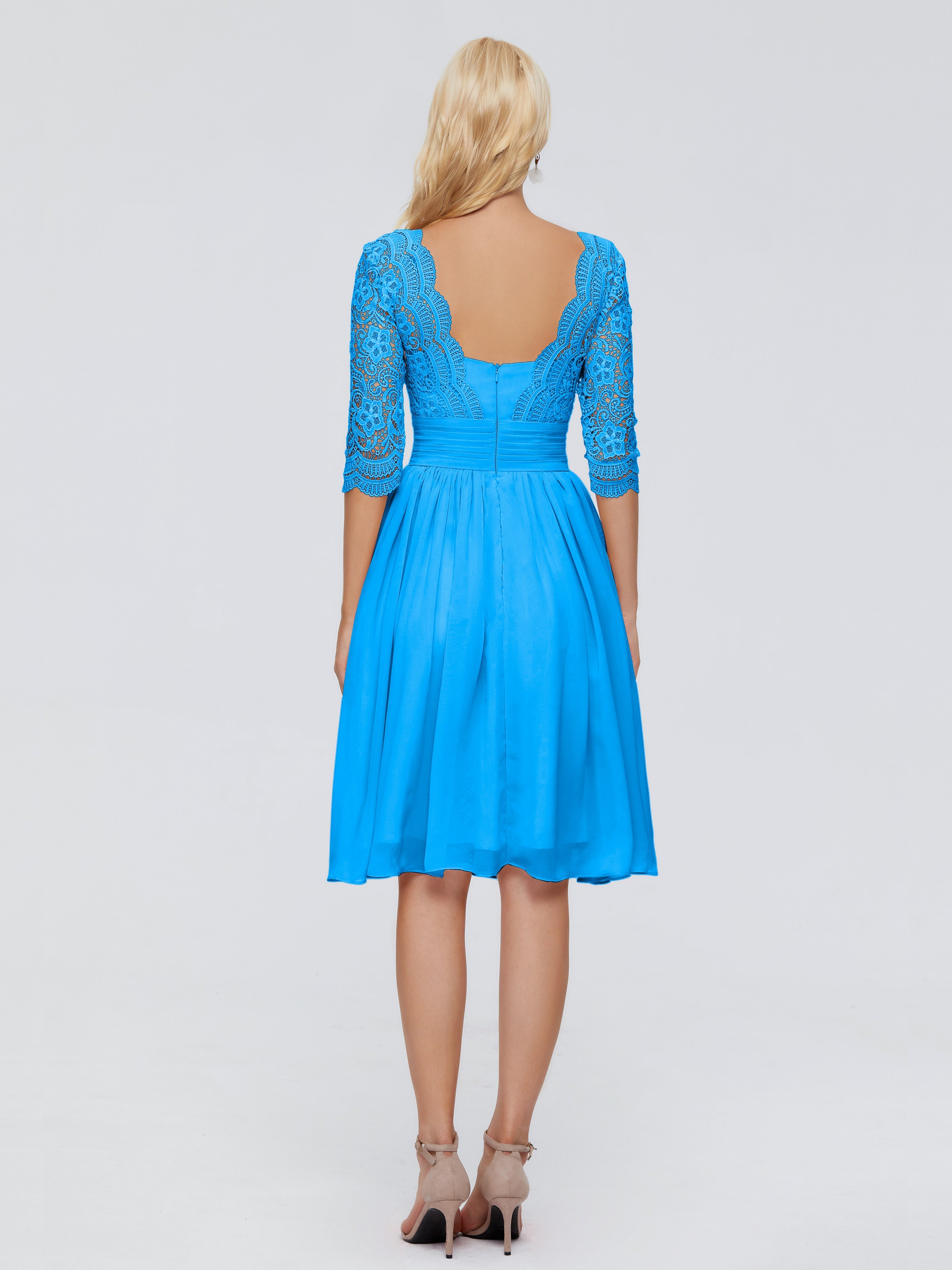 Robes De Demoiselle D'Honneur Bleu Océan Longueur Genou Dentelle Robes Demoiselle D'Honneur