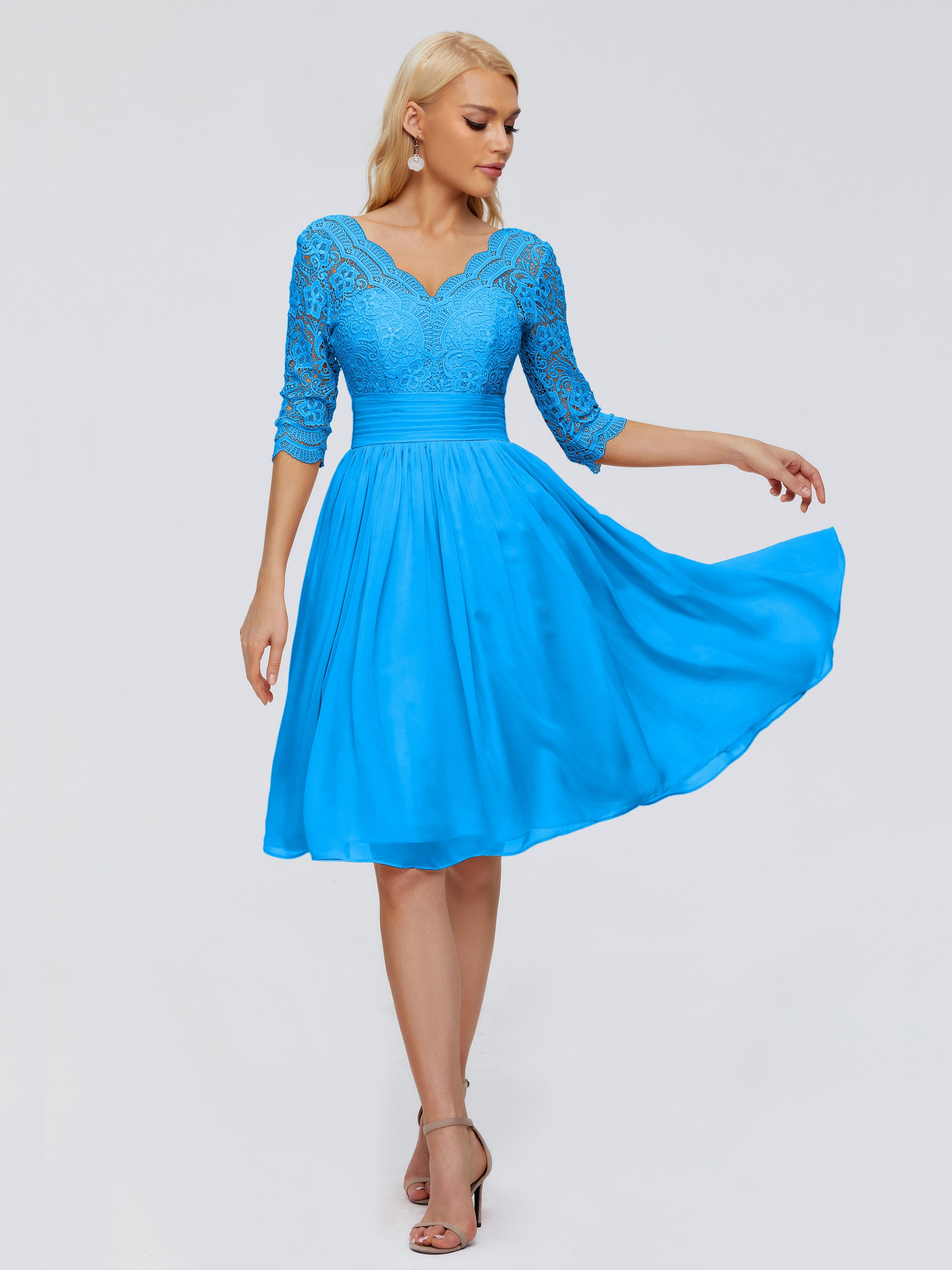 Robes De Demoiselle D'Honneur Bleu Océan Longueur Genou Dentelle Robes Demoiselle D'Honneur