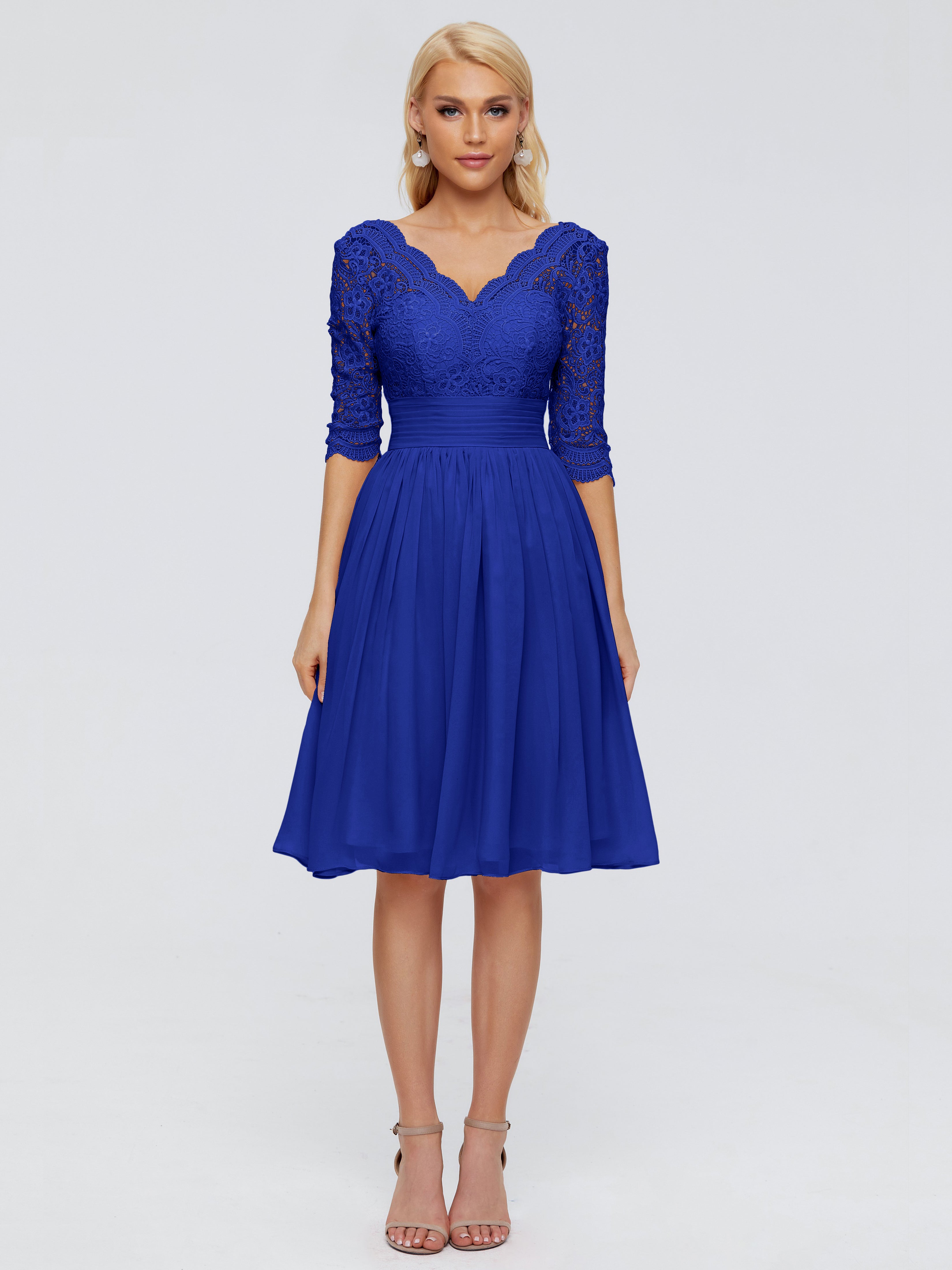 Robes De Demoiselle D'Honneur Bleu Royal Longues Longueur Genou Dentelle Robes Demoiselle D'Honneur