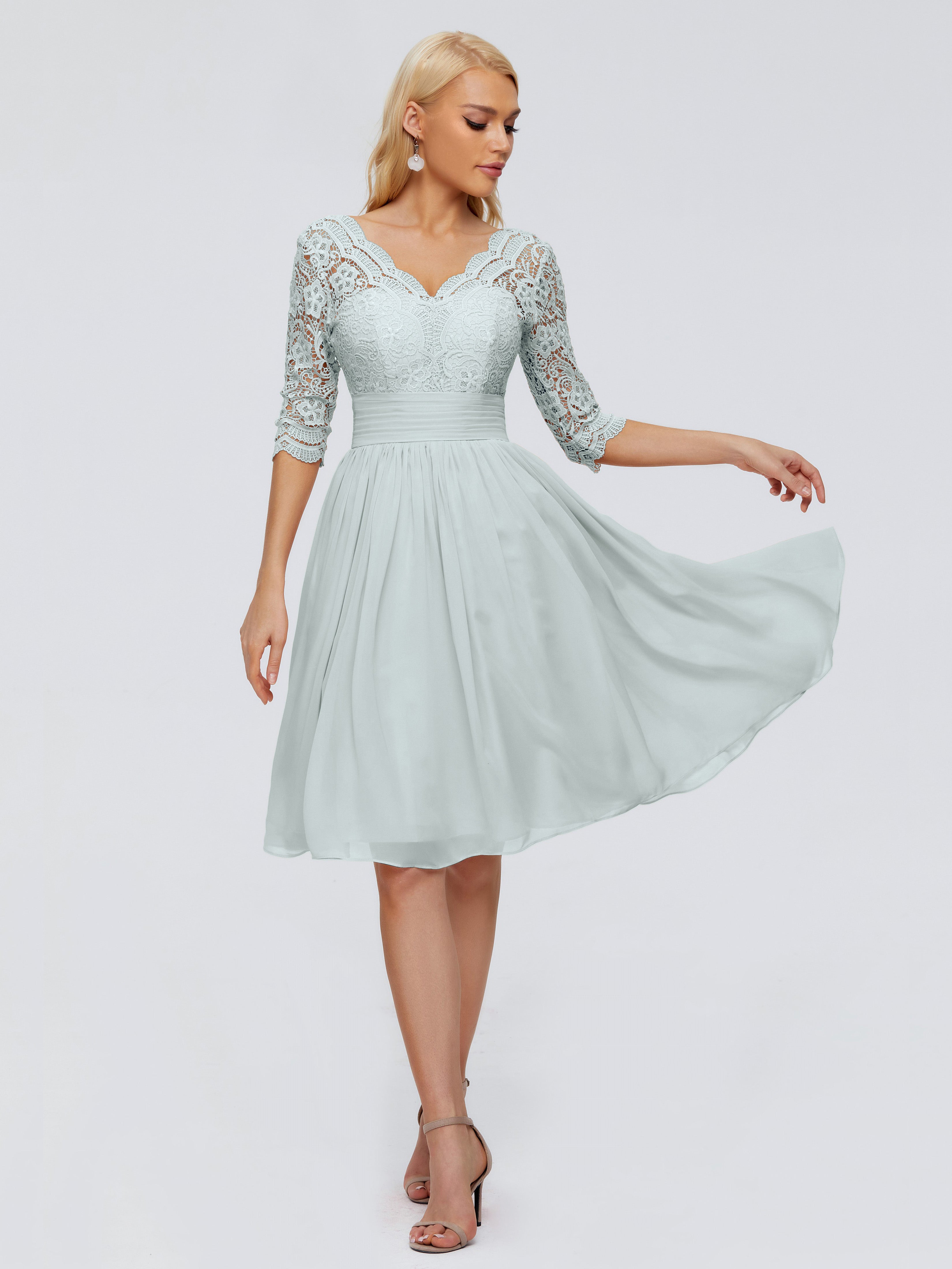 Robes De Demoiselle D'Honneur Celadon Longueur Genou Dentelle Robes Demoiselle D'Honneur