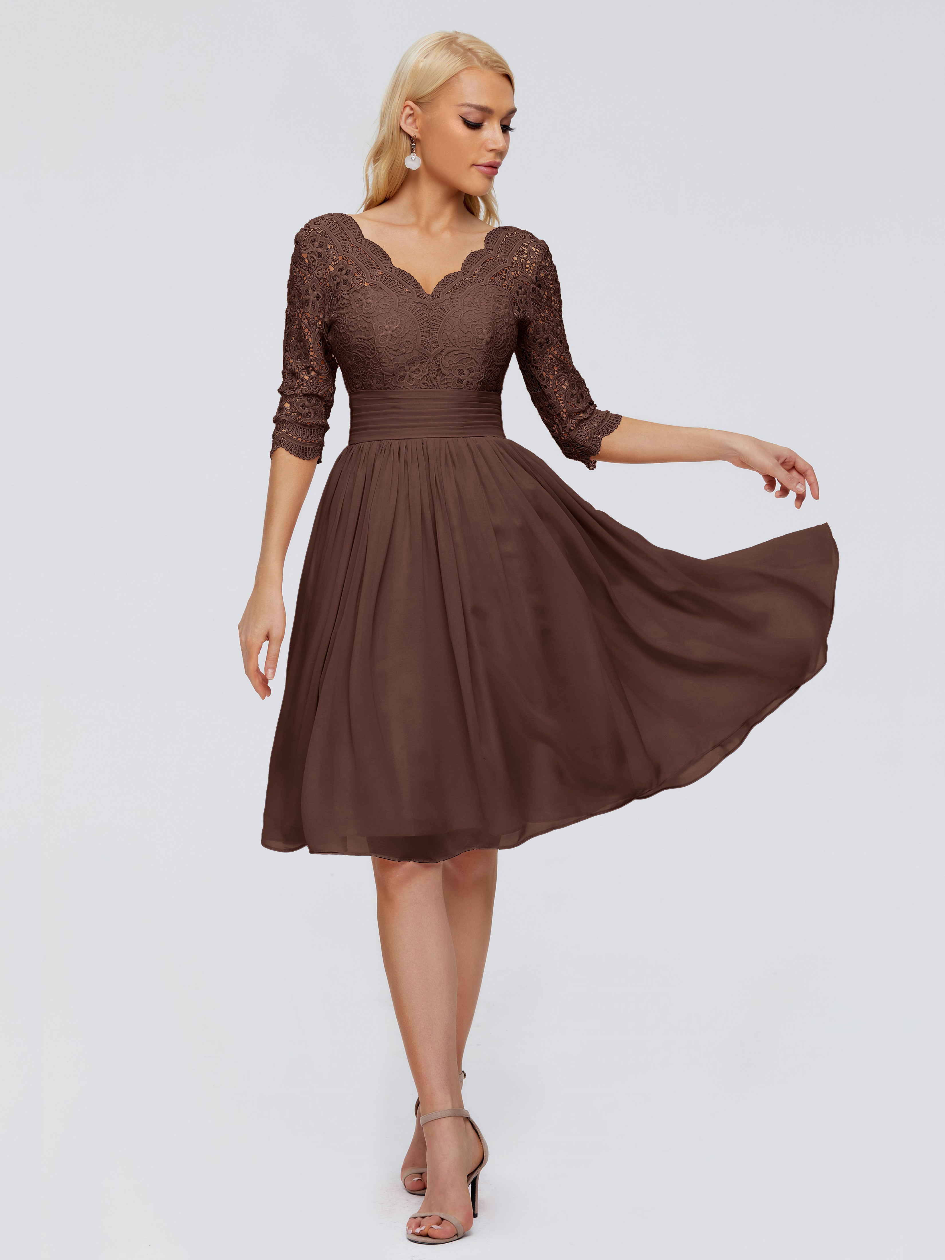 Robe Chocolat Demoiselle D Honneur Longueur Genou Dentelle Robes Demoiselle D'Honneur
