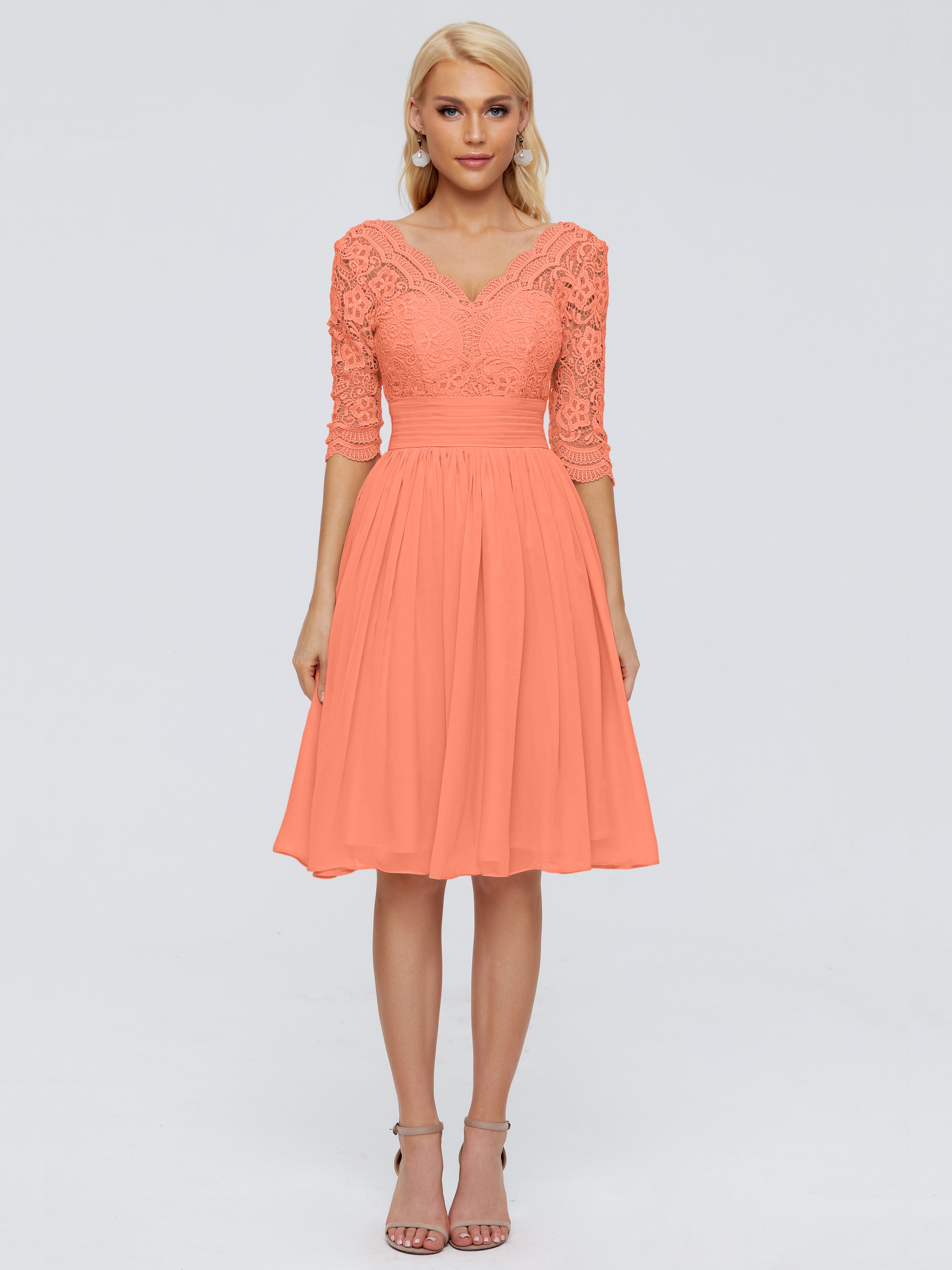 Robes De Demoiselle D'Honneur Coucher De Soleil Longueur Genou Dentelle Robes Demoiselle D'Honneur