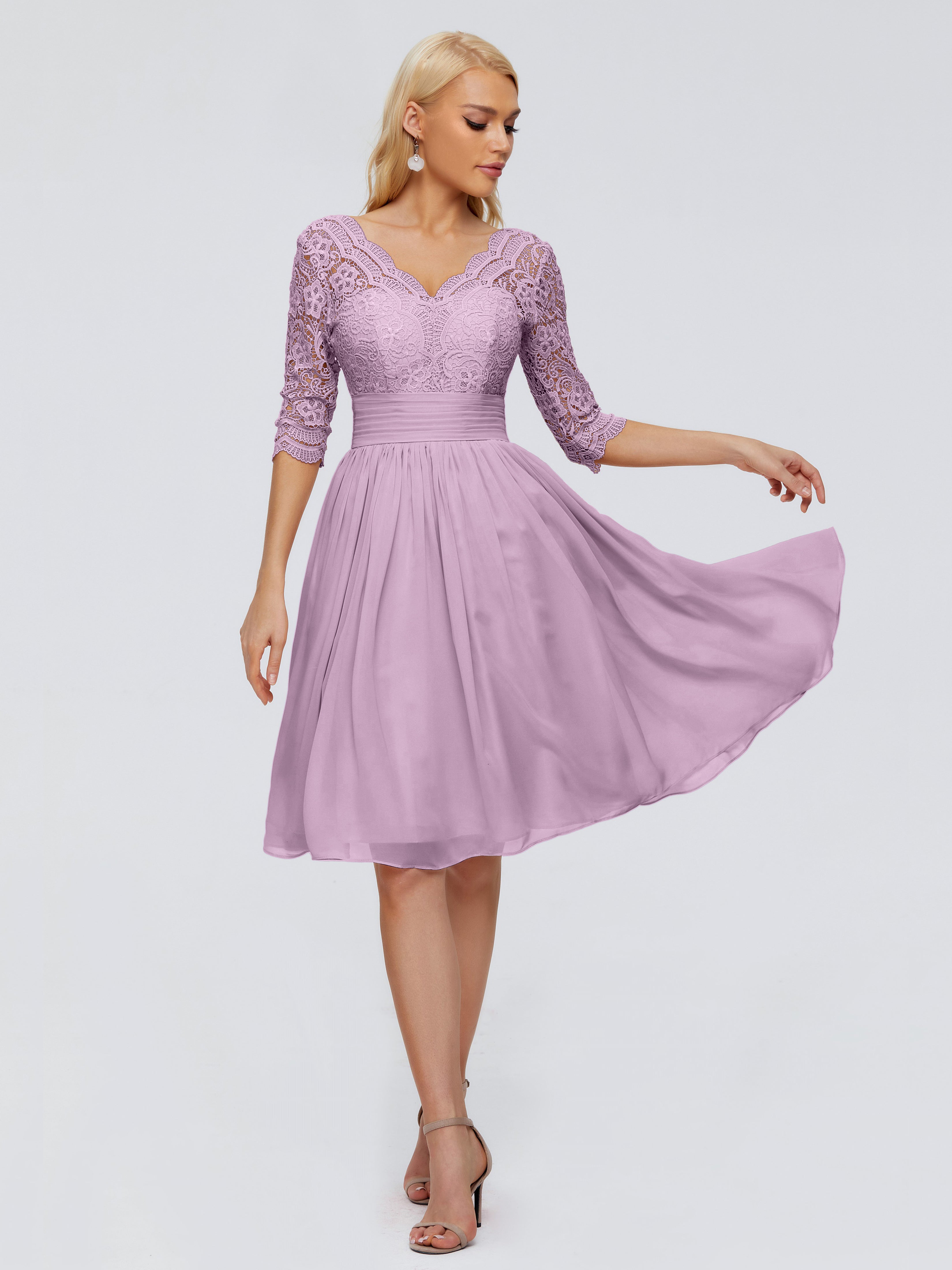 Robes De Demoiselle D'Honneur Glycine Longueur Genou Dentelle Robes Demoiselle D'Honneur