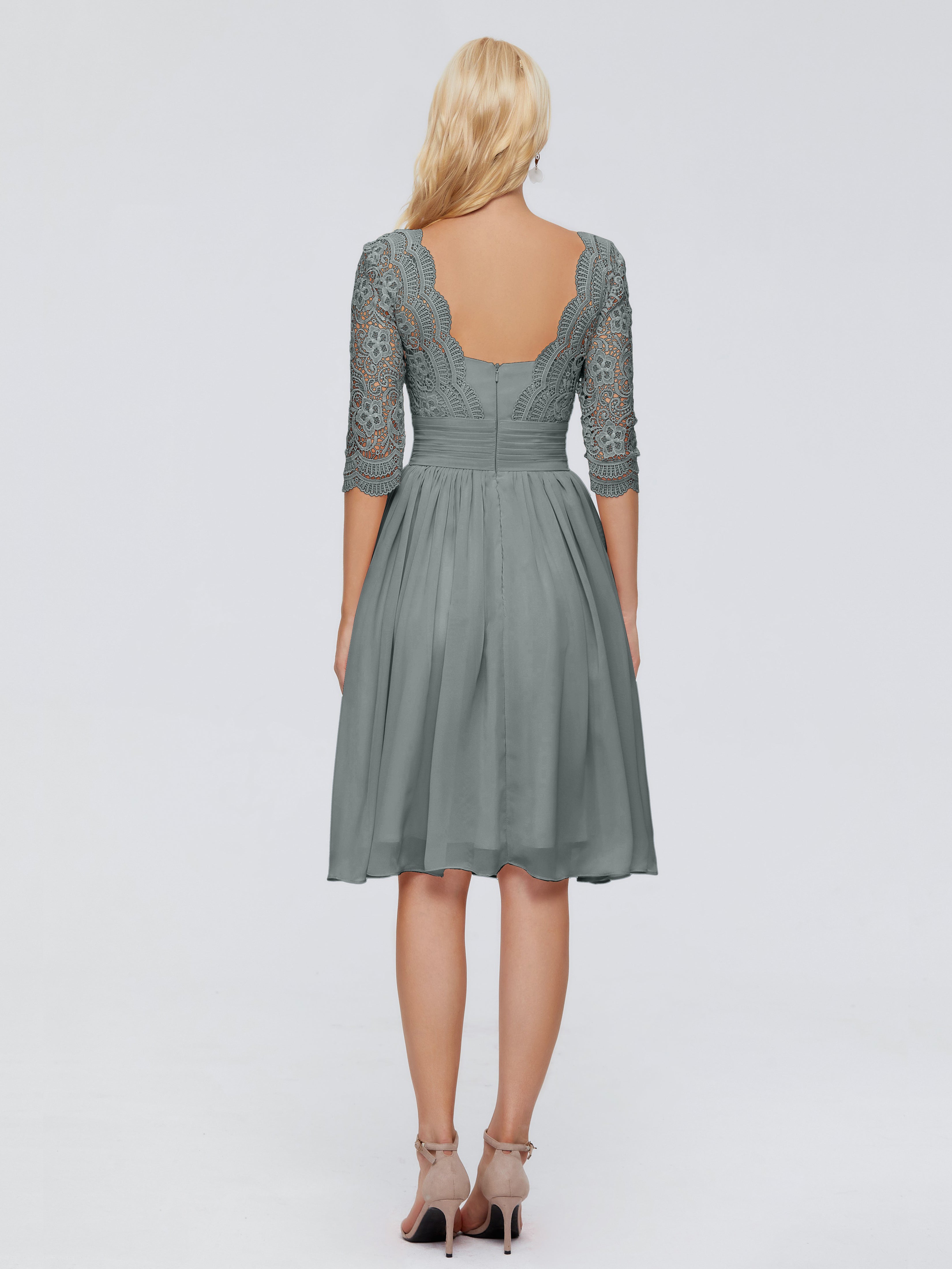 Robe Demoiselle D Honneur Gris Argenté Longueur Genou Dentelle Robes Demoiselle D'Honneur