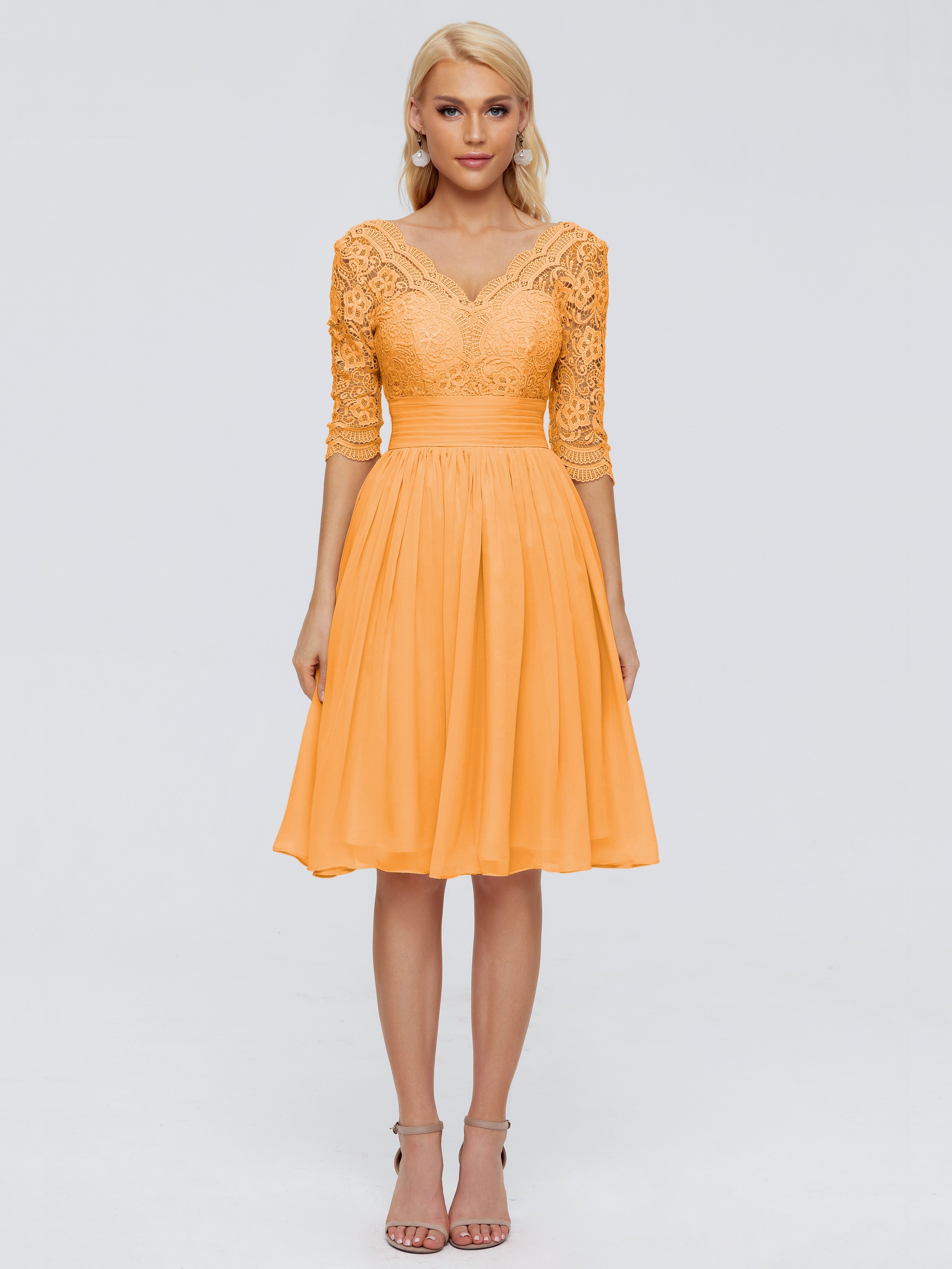 Robes De Demoiselle D'Honneur Mandarine Longueur Genou Dentelle Robes Demoiselle D'Honneur