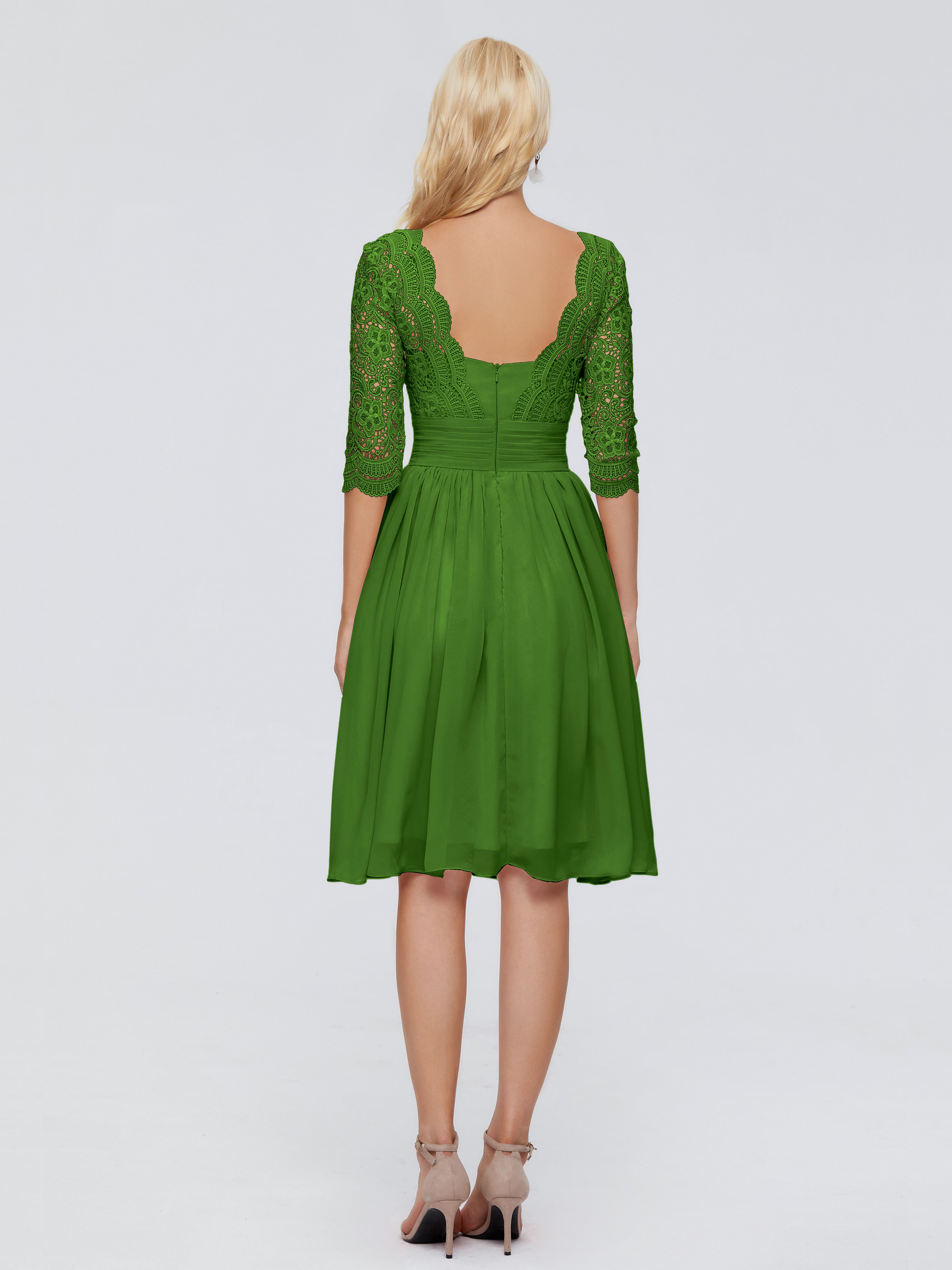 Robes De Demoiselle D'Honneur Vert Mousse Longueur Genou Dentelle Robes Demoiselle D'Honneur