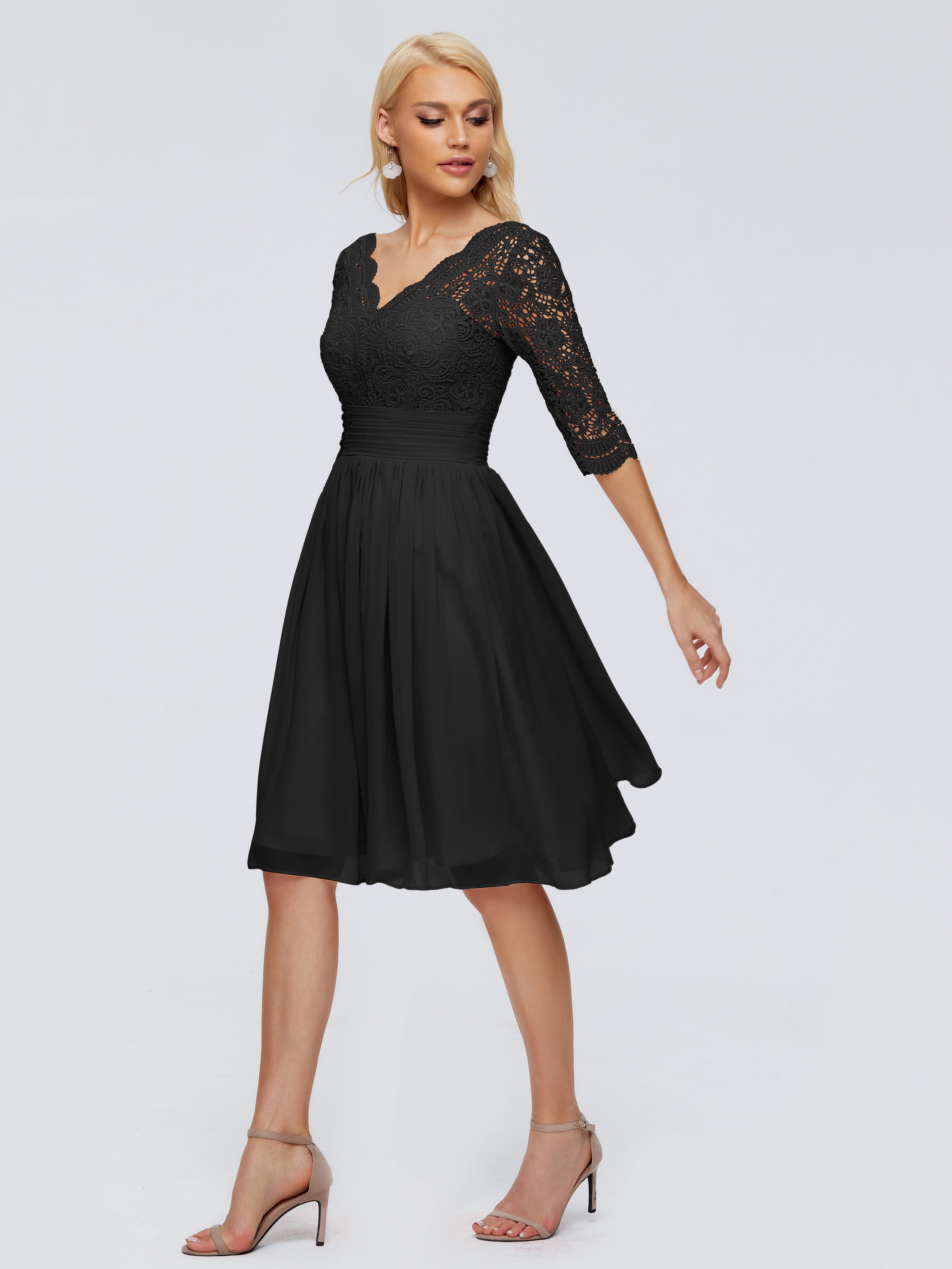 Robes De Demoiselle D'Honneur Noires Longueur Genou Dentelle Robes Demoiselle D'Honneur