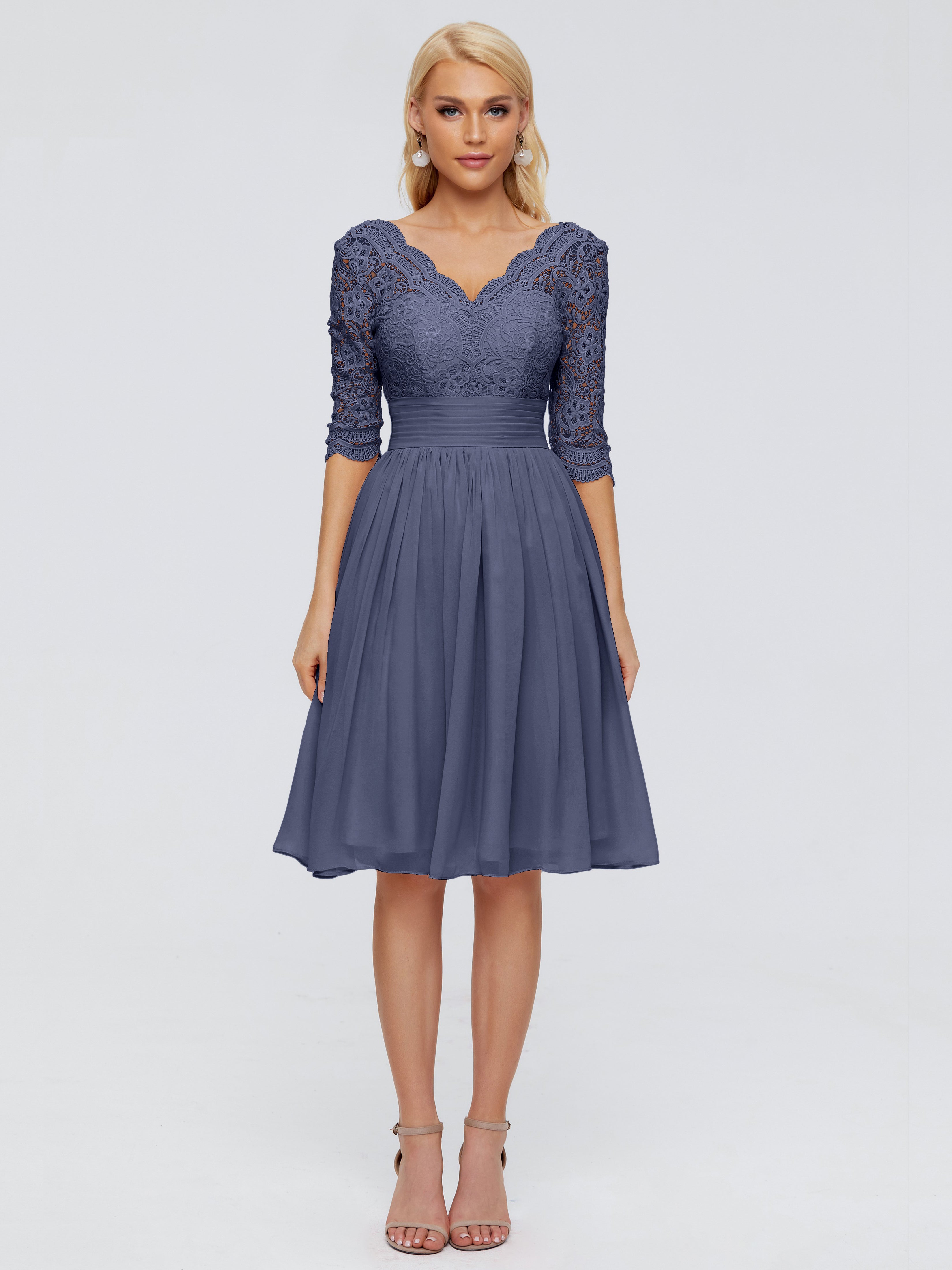 Robes De Demoiselle D'Honneur Bleu Orageux Longueur Genou Dentelle Robes Demoiselle D'Honneur
