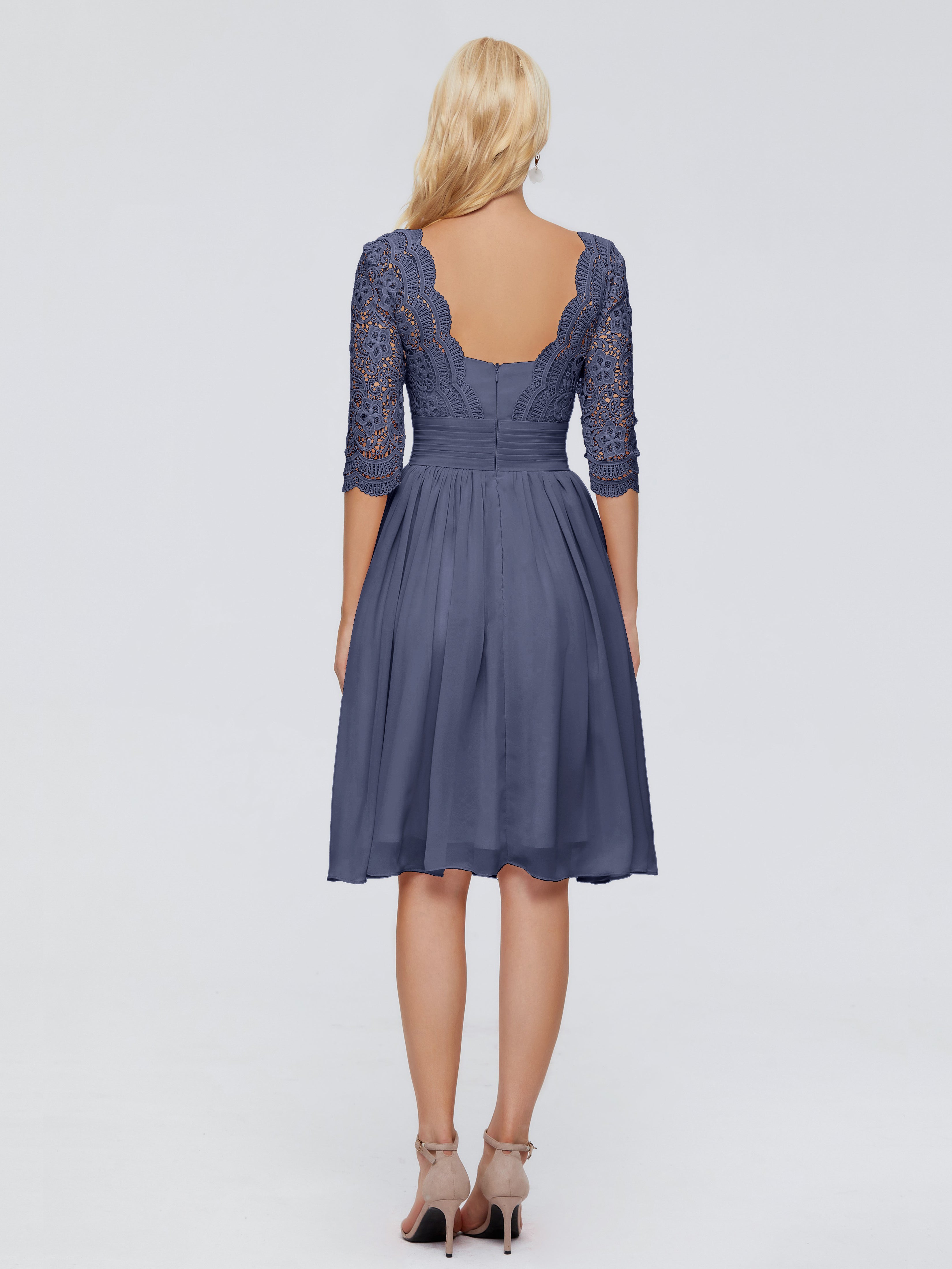 Robes De Demoiselle D'Honneur Bleu Orageux Longueur Genou Dentelle Robes Demoiselle D'Honneur