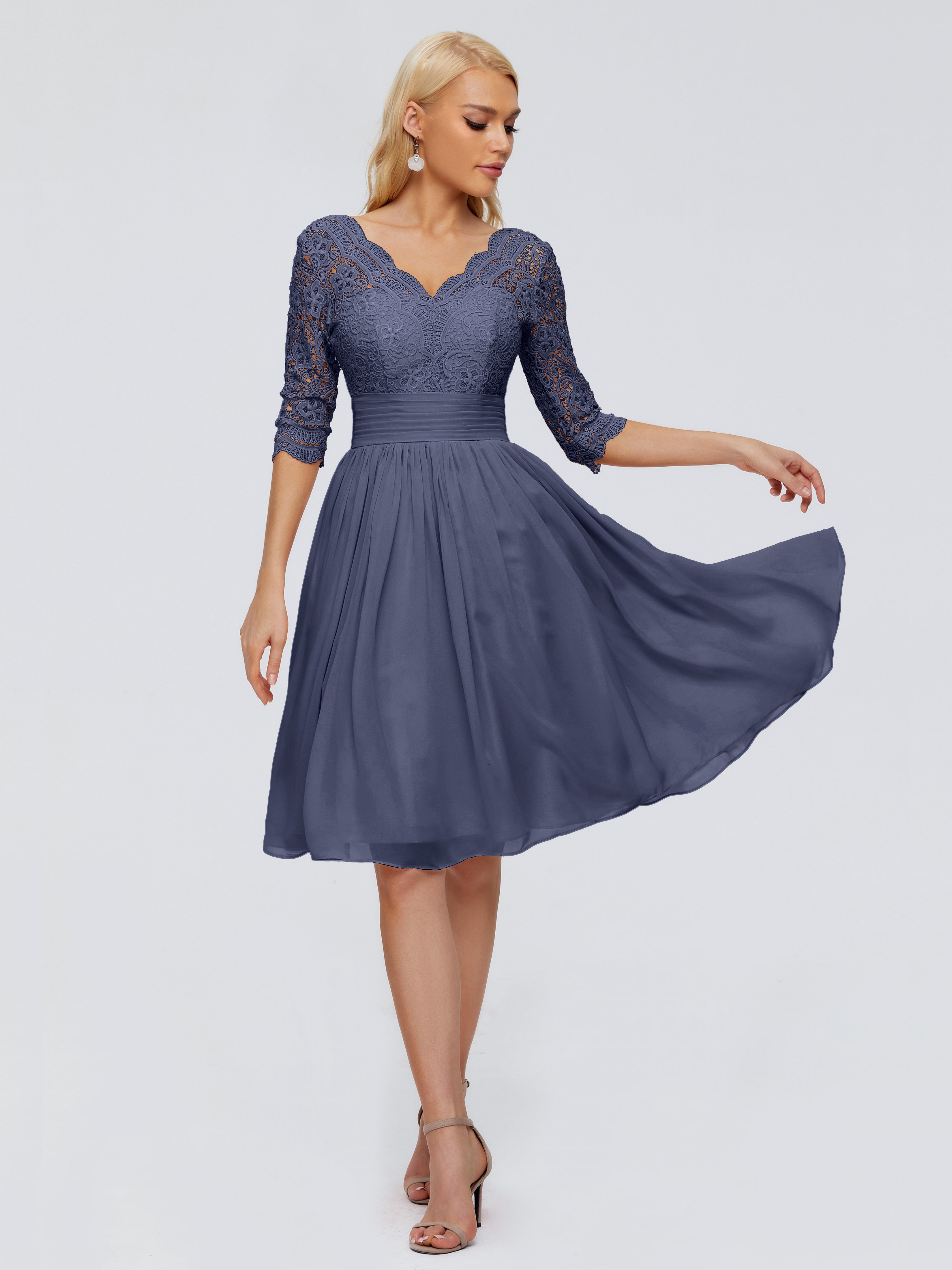Robes De Demoiselle D'Honneur Bleu Orageux Longueur Genou Dentelle Robes Demoiselle D'Honneur