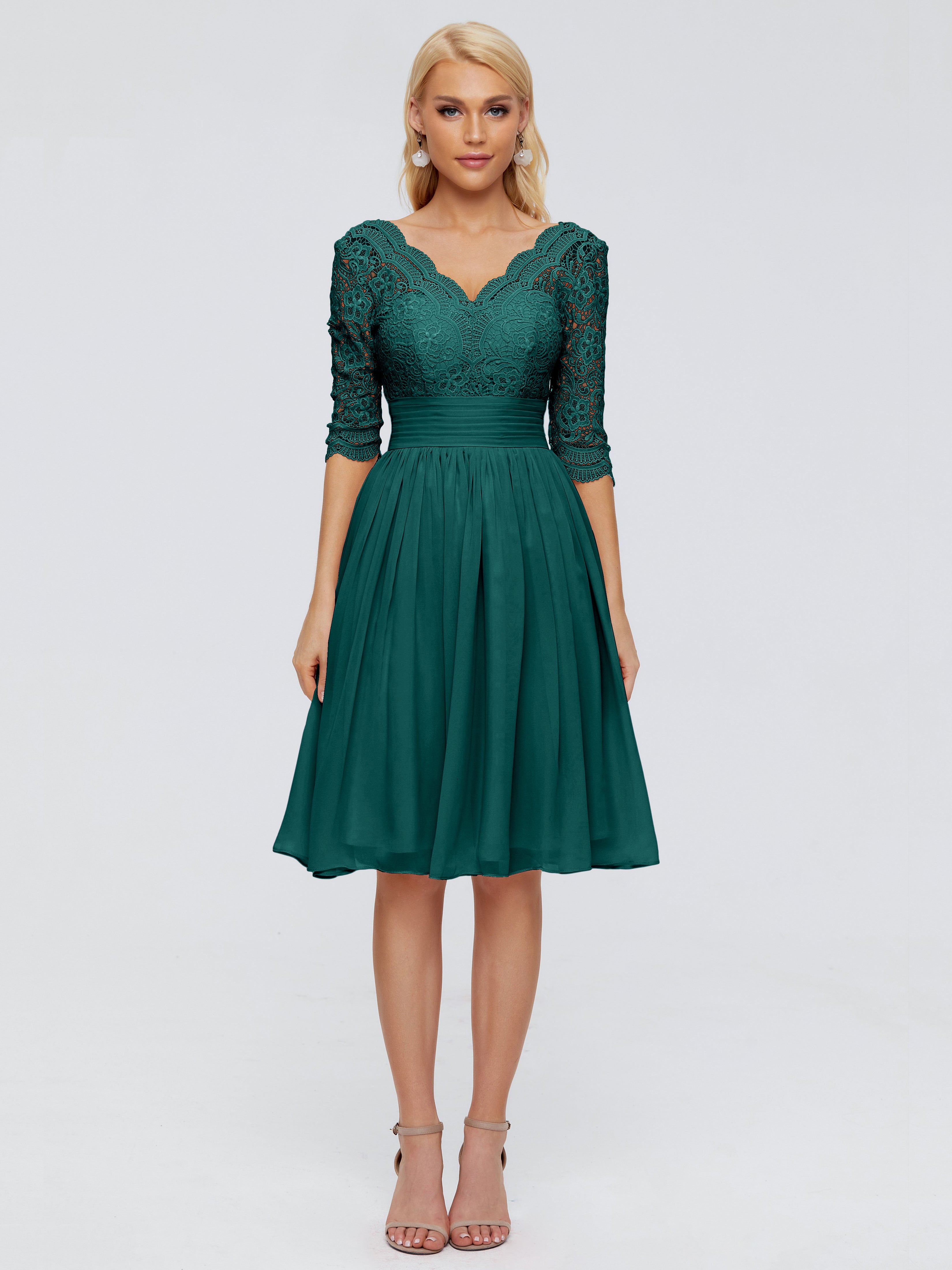 Robes De Demoiselle D'Honneur Couleur Paon Bon Marché Longueur Genou Dentelle Robes Demoiselle D'Honneur